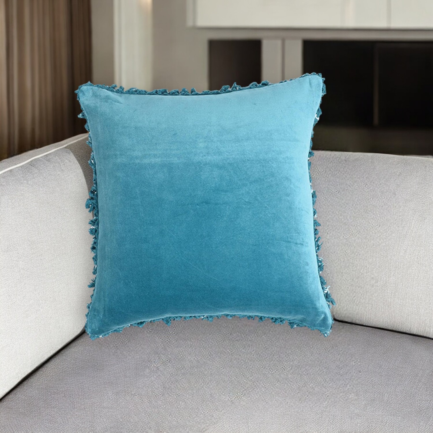 18" Blue Cotton Blend Throw Pillow Cover With Fringe