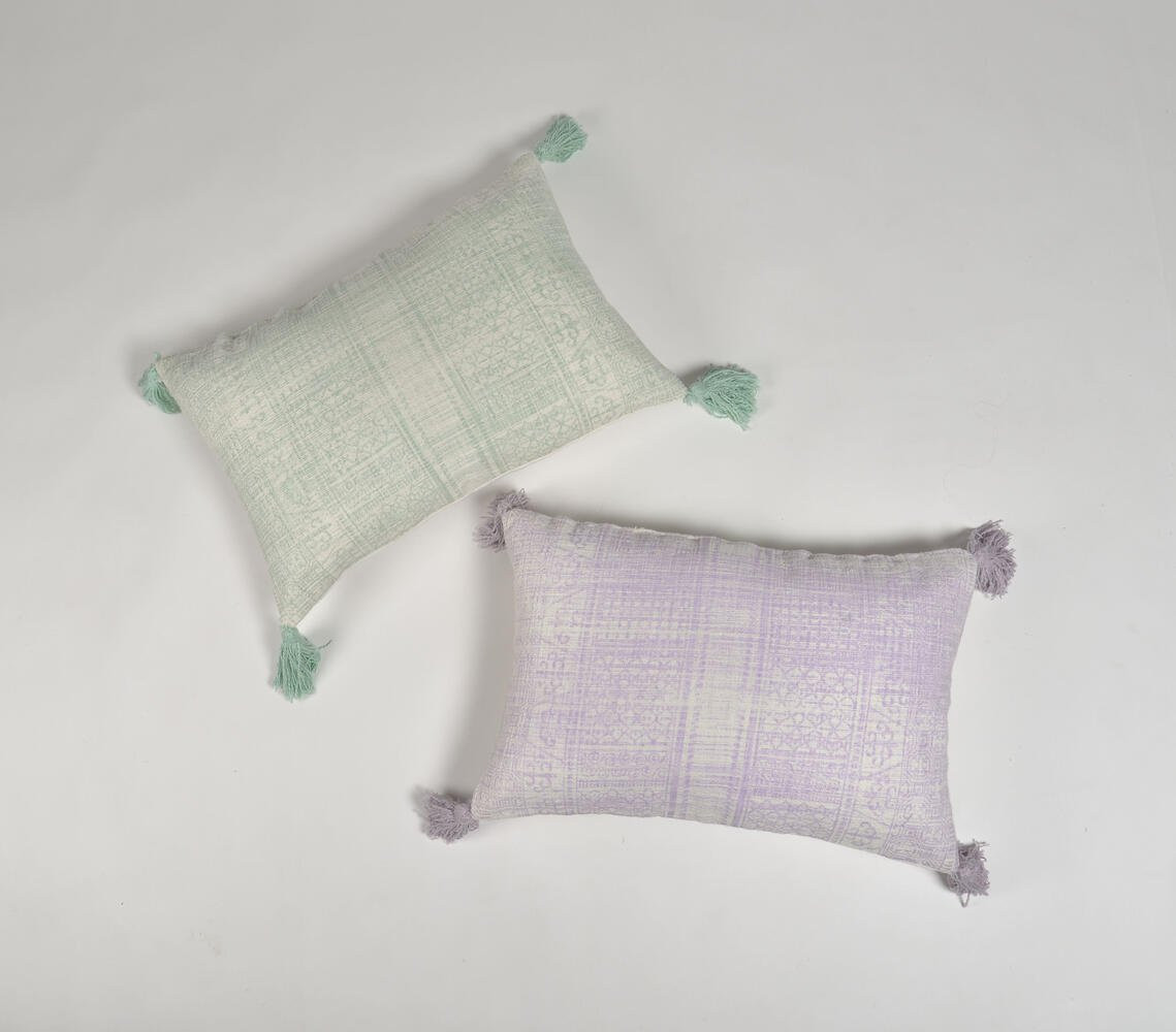 16" X 24" Purple and White Abstract Cotton Throw Pillow Cover With Tassels
