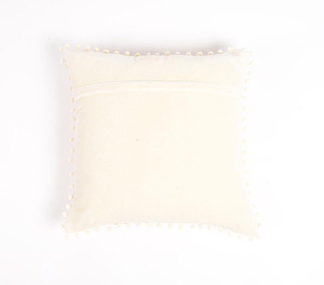 18" Off White Cotton Blend Throw Pillow Cover With Pom Poms