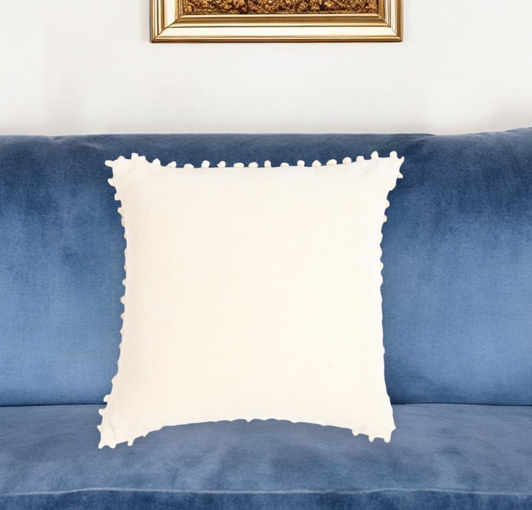 18" Off White Cotton Blend Throw Pillow Cover With Pom Poms