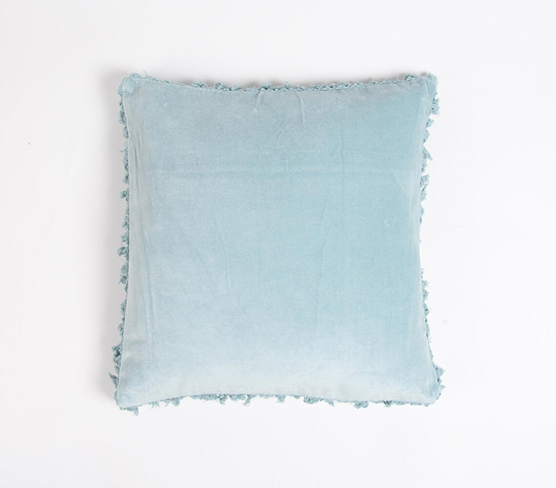 18" Blue Cotton Blend Throw Pillow Cover With Fringe