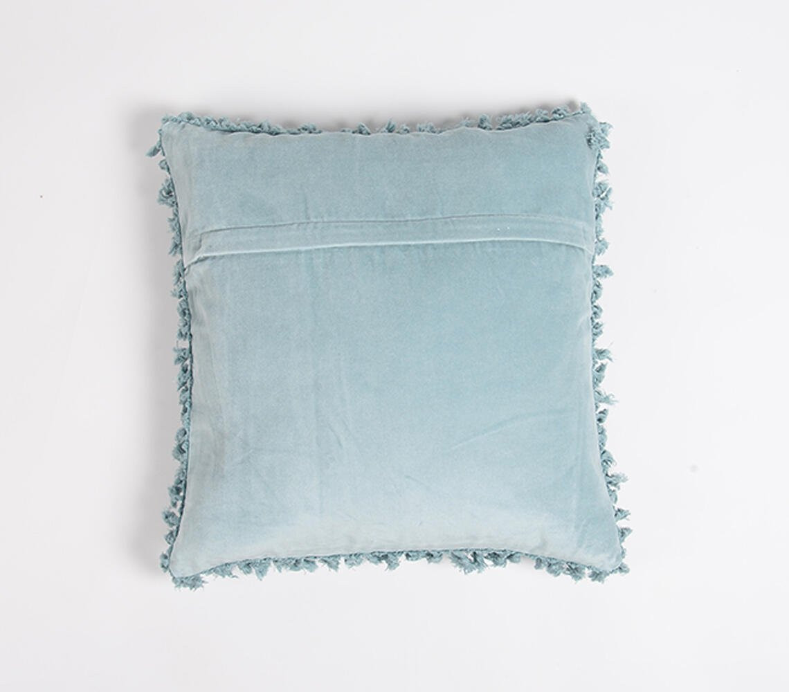 18" Blue Cotton Blend Throw Pillow Cover With Fringe