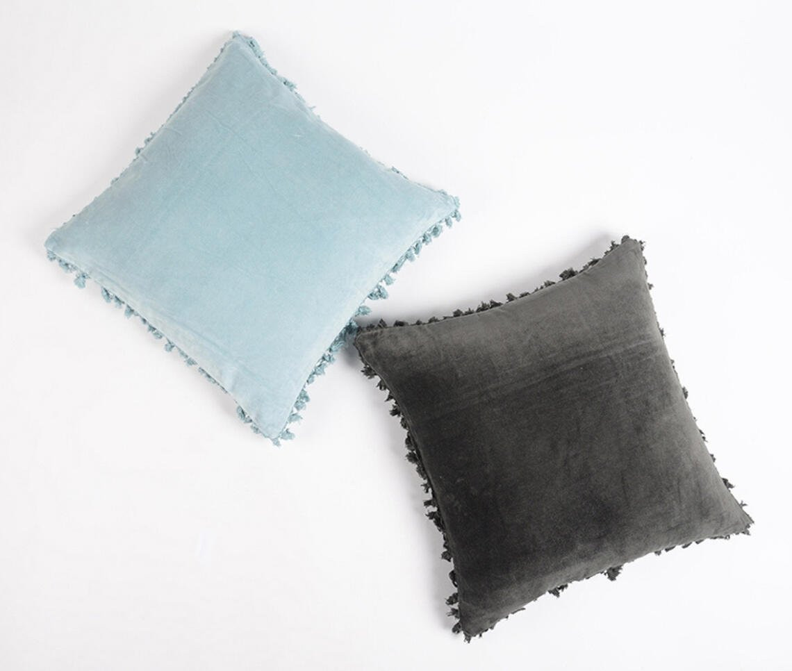 18" Blue Cotton Blend Throw Pillow Cover With Fringe