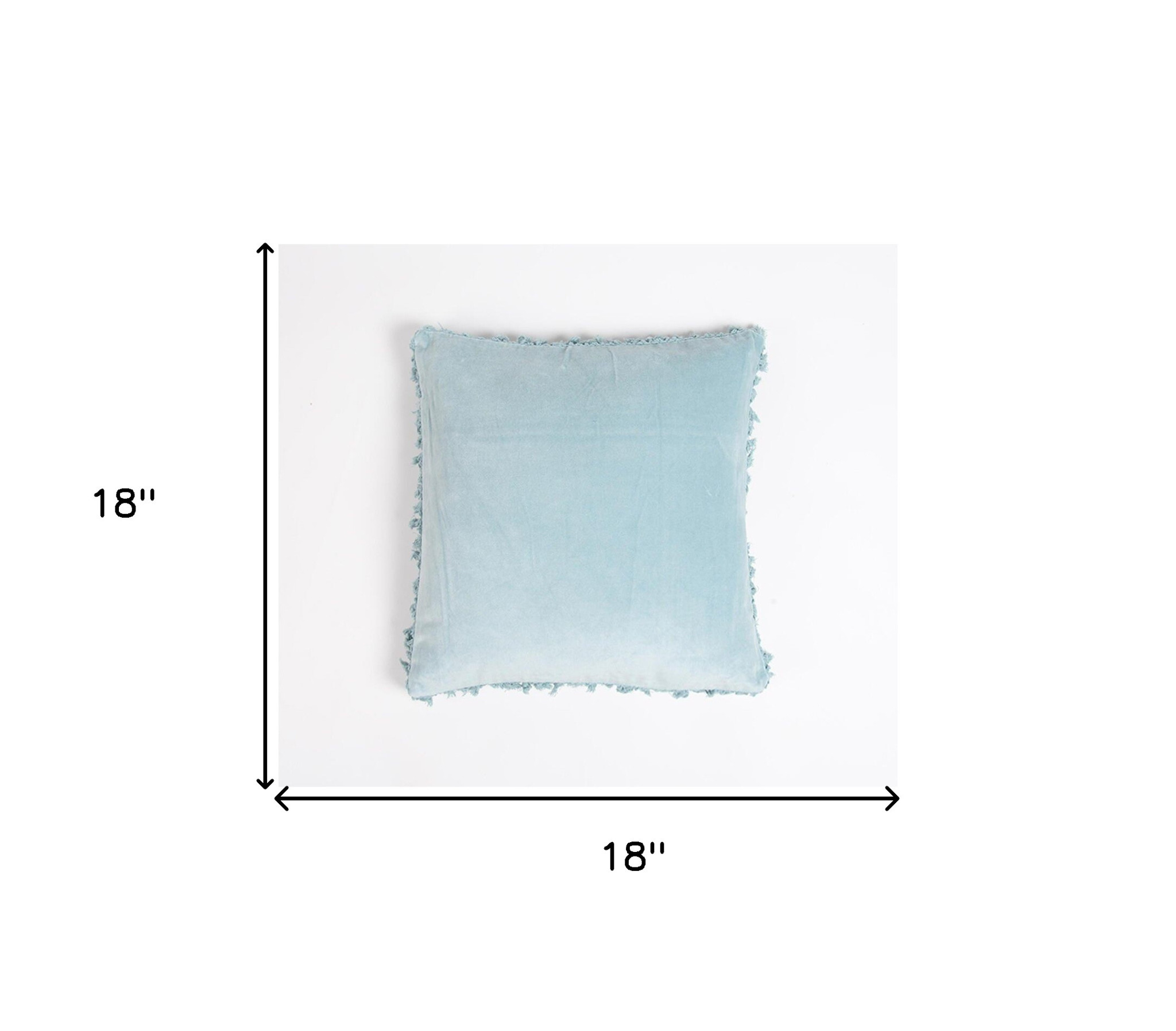 18" Blue Cotton Blend Throw Pillow Cover With Fringe