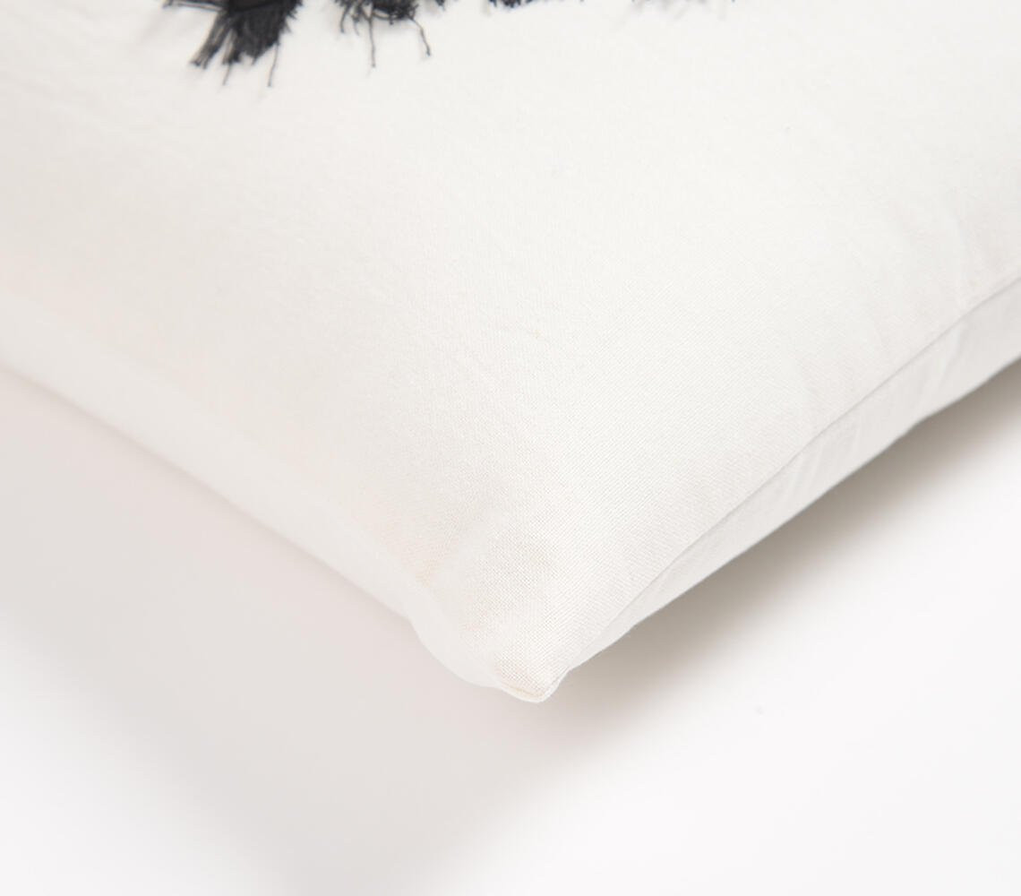 16" Black and White Geometric Cotton Throw Pillow Cover With Embroidery, Fringe