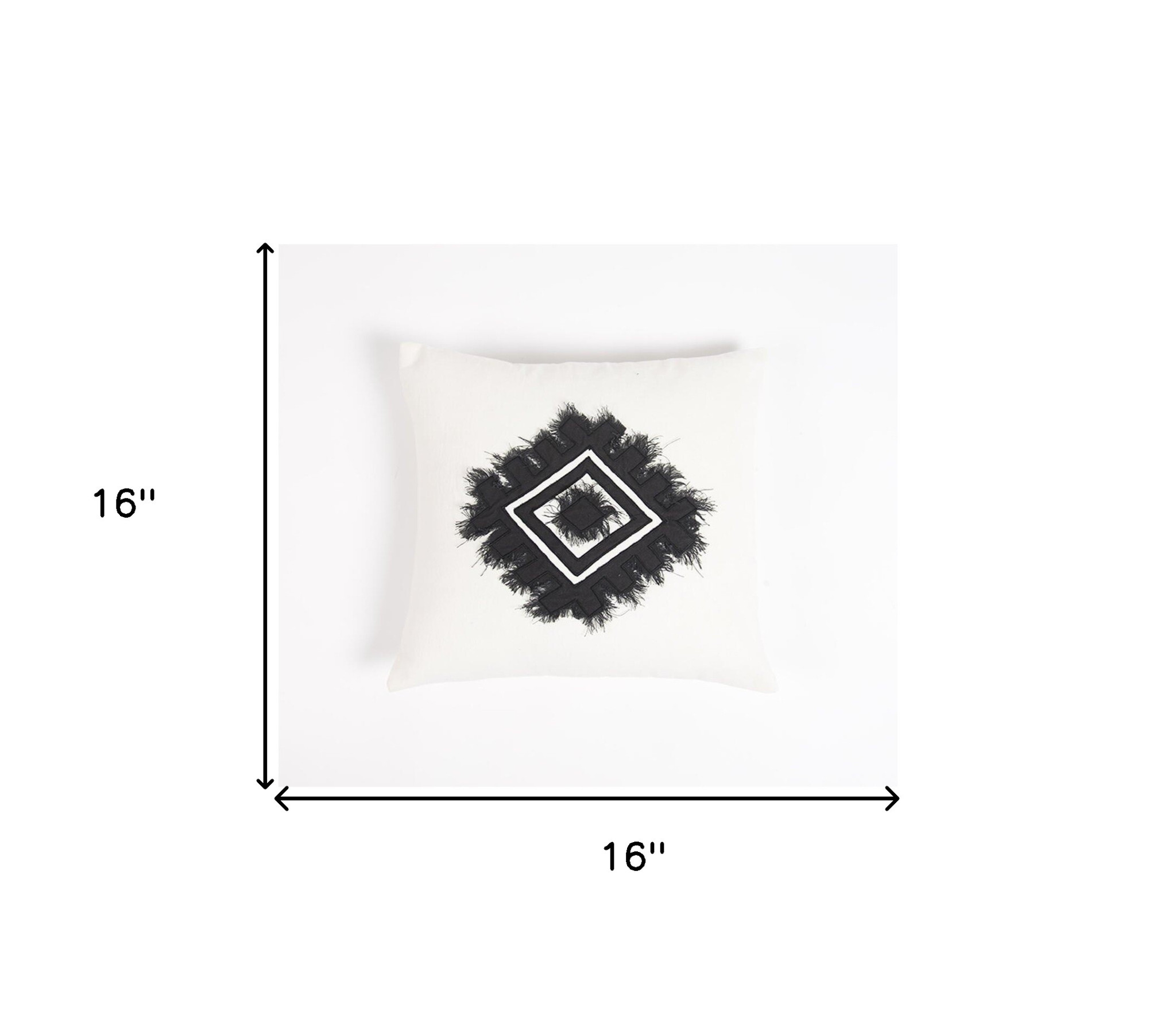 16" Black and White Geometric Cotton Throw Pillow Cover With Embroidery, Fringe