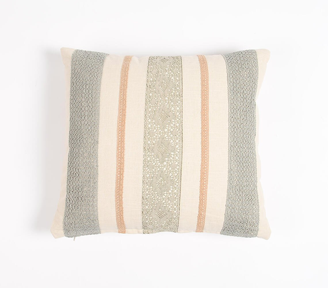 16" Beige and Green Striped Cotton Throw Pillow Cover With Lace