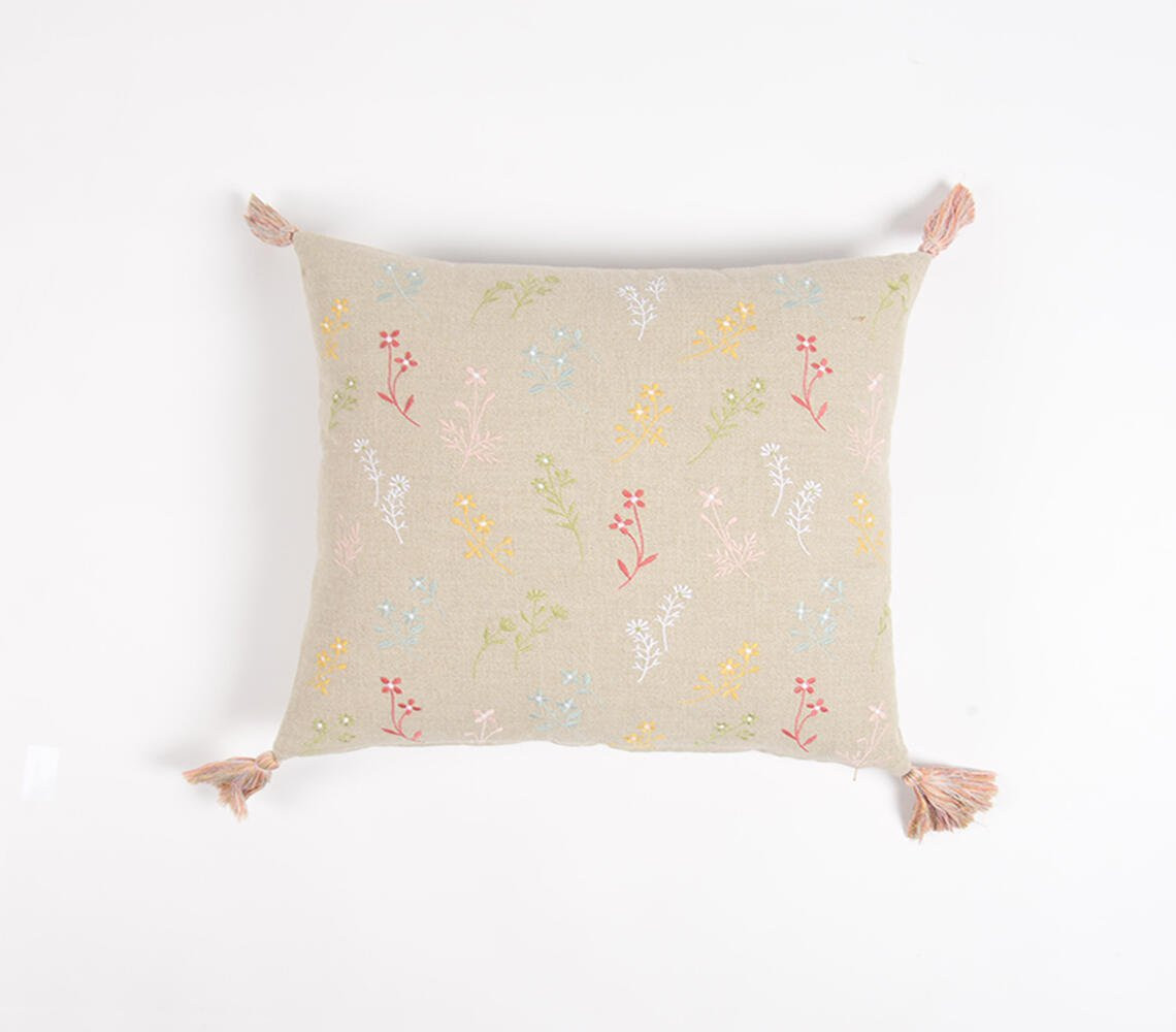 18" Beige and Green Floral Cotton Throw Pillow Cover With Embroidery, Tassels