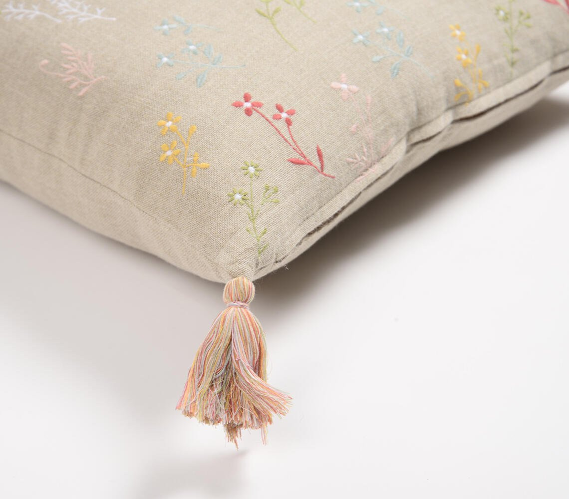 18" Beige and Green Floral Cotton Throw Pillow Cover With Embroidery, Tassels