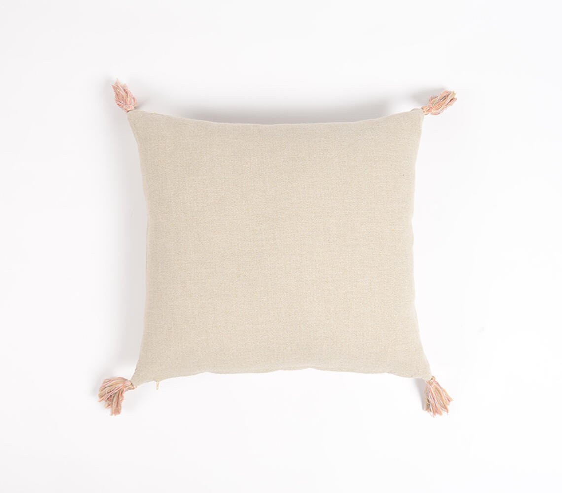 18" Beige and Green Floral Cotton Throw Pillow Cover With Embroidery, Tassels