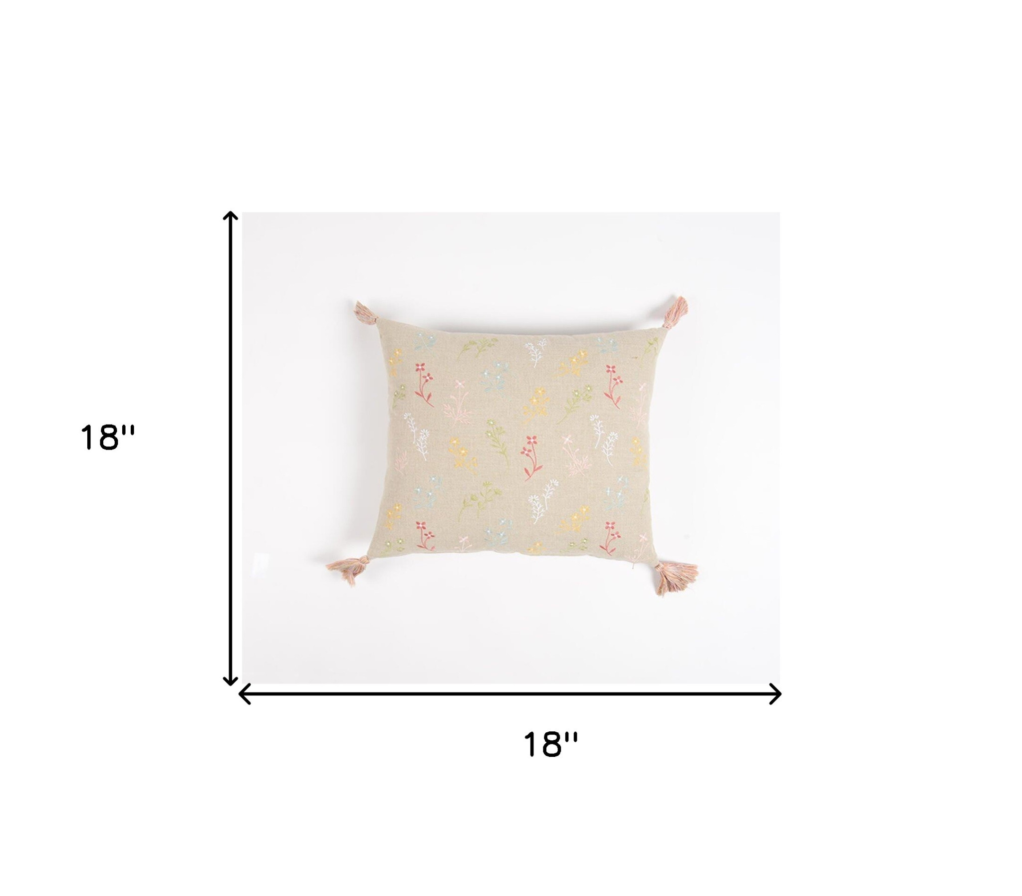 18" Beige and Green Floral Cotton Throw Pillow Cover With Embroidery, Tassels