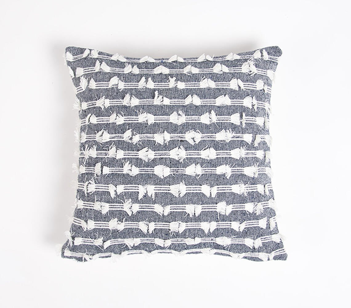 18" Blue and White Striped Cotton Throw Pillow Cover With Fringe