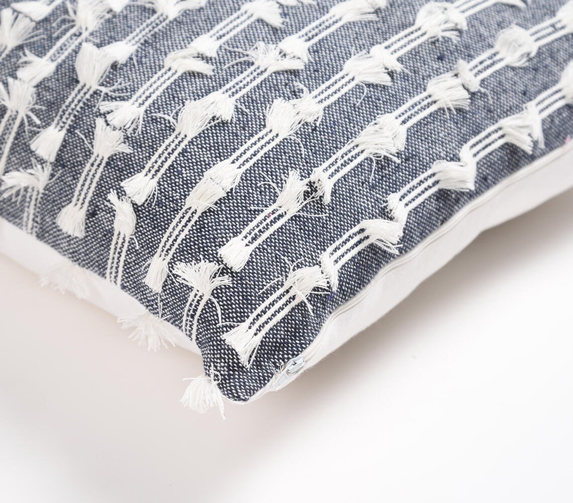 18" Blue and White Striped Cotton Throw Pillow Cover With Fringe