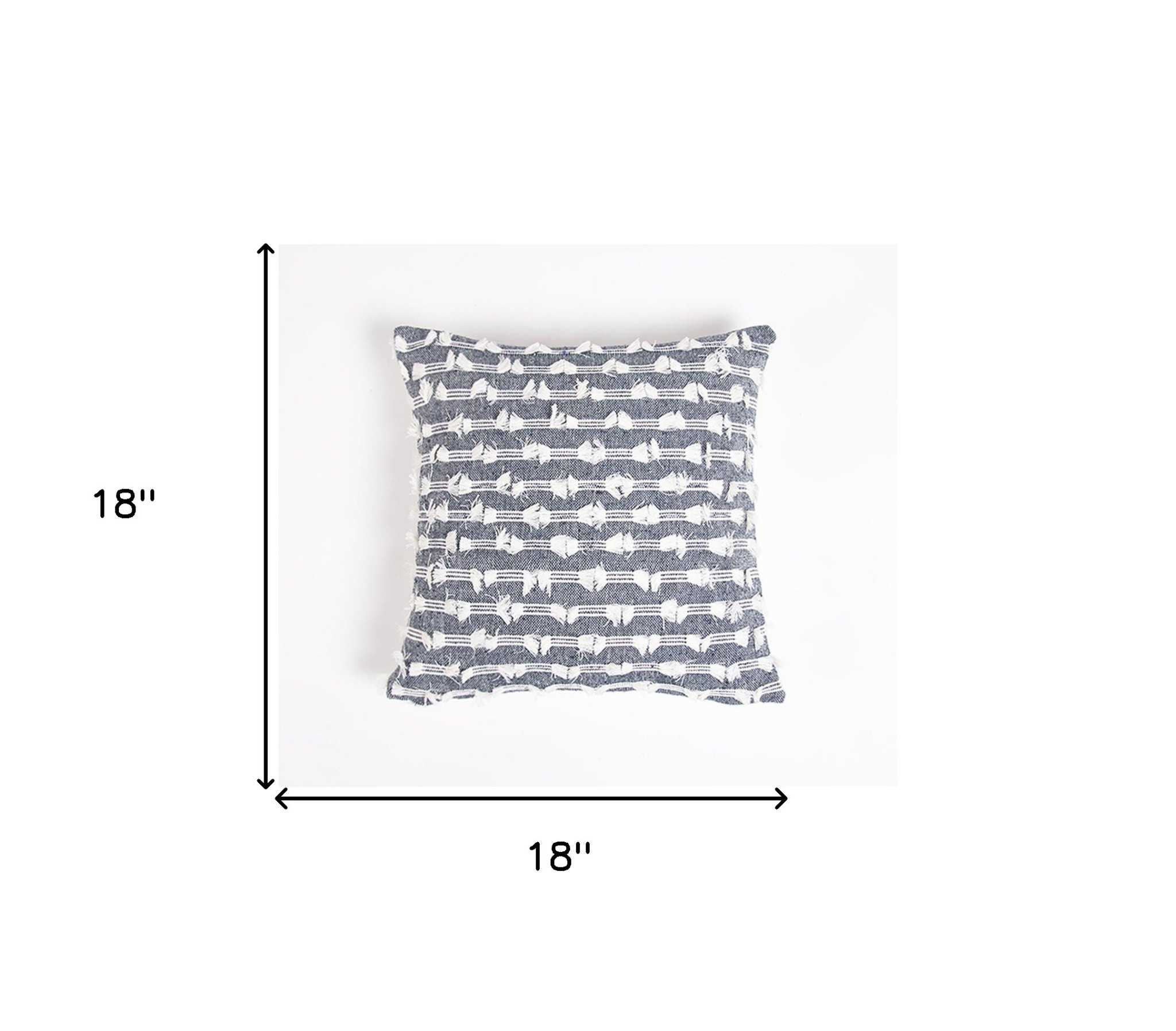 18" Blue and White Striped Cotton Throw Pillow Cover With Fringe