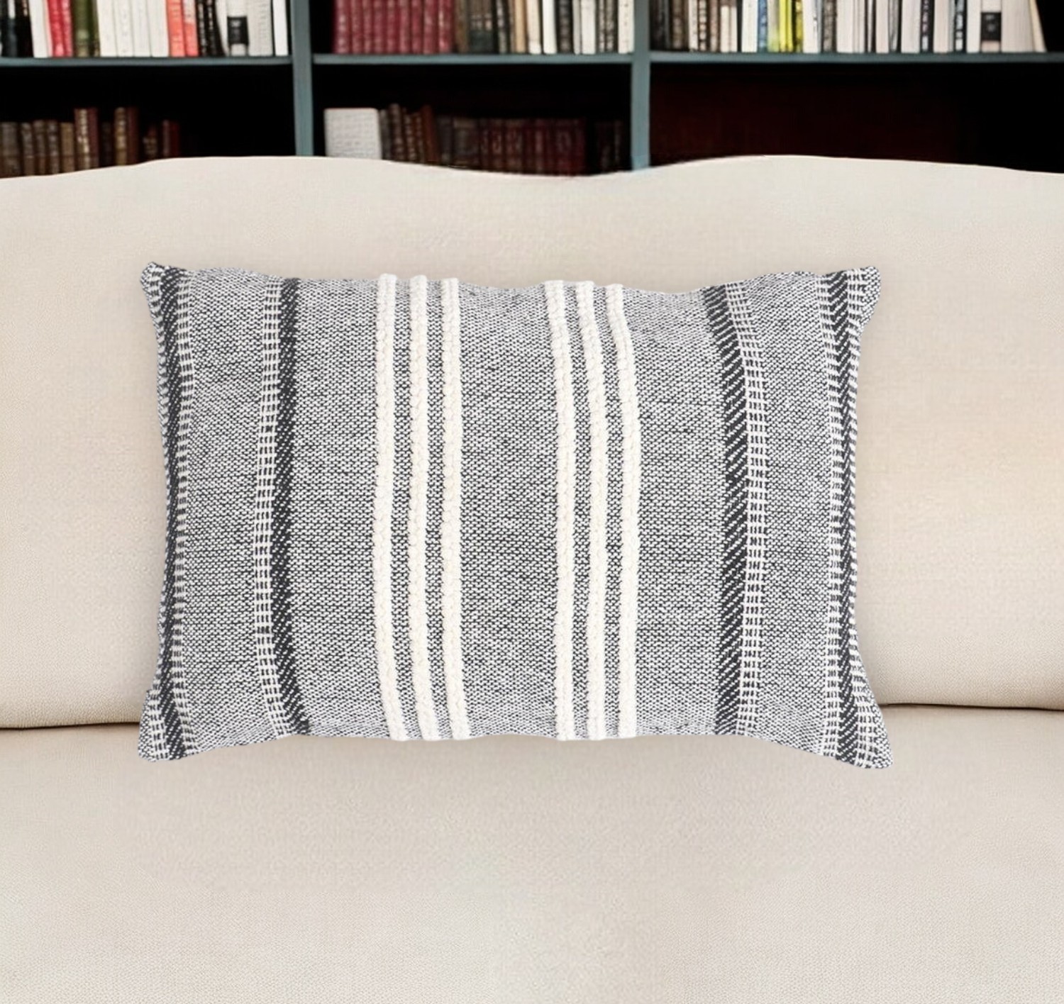 14" X 20" Black and White Striped Cotton Throw Pillow Cover