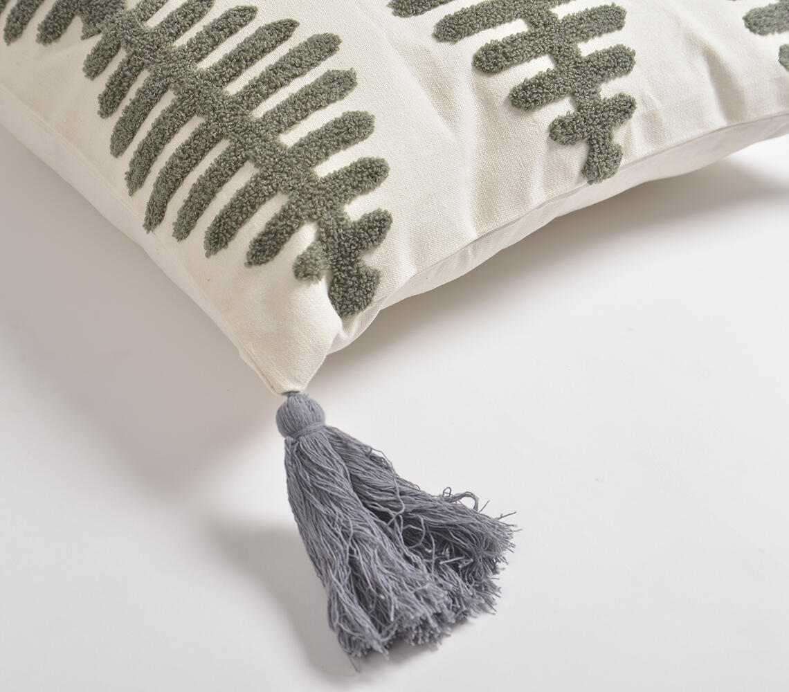 18" Gray Eclectic Cotton Throw Pillow Cover With Embroidery, Tassels