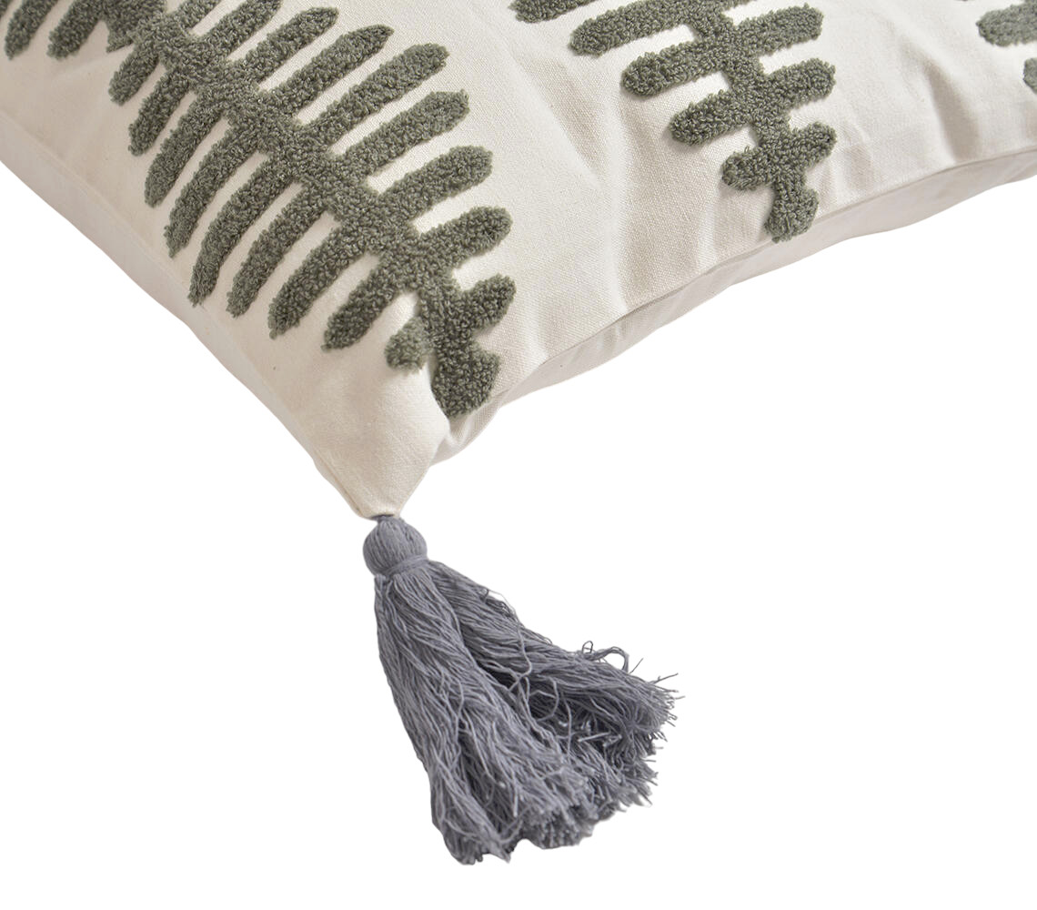 18" Gray Eclectic Cotton Throw Pillow Cover With Embroidery, Tassels
