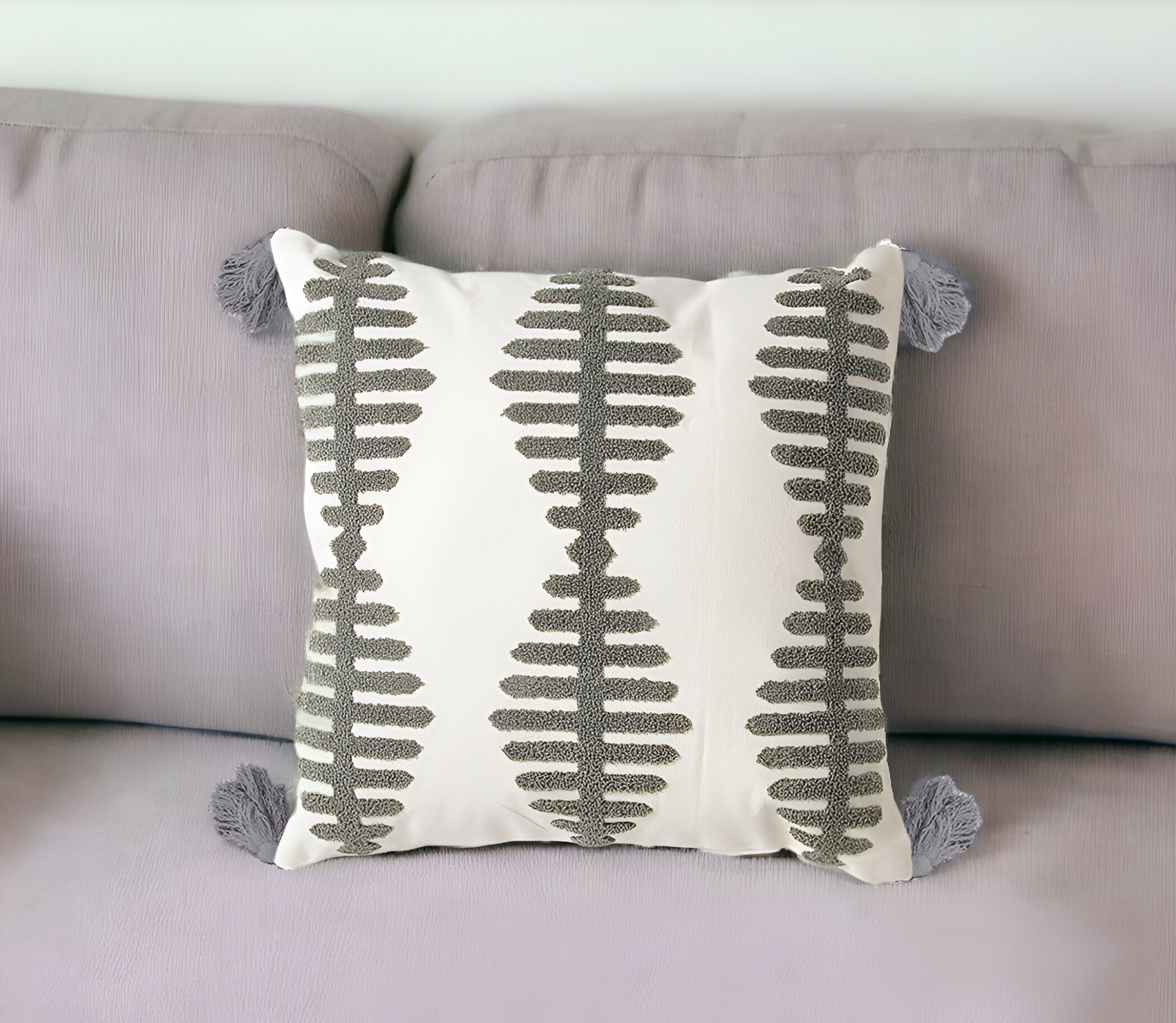 18" Gray Eclectic Cotton Throw Pillow Cover With Embroidery, Tassels