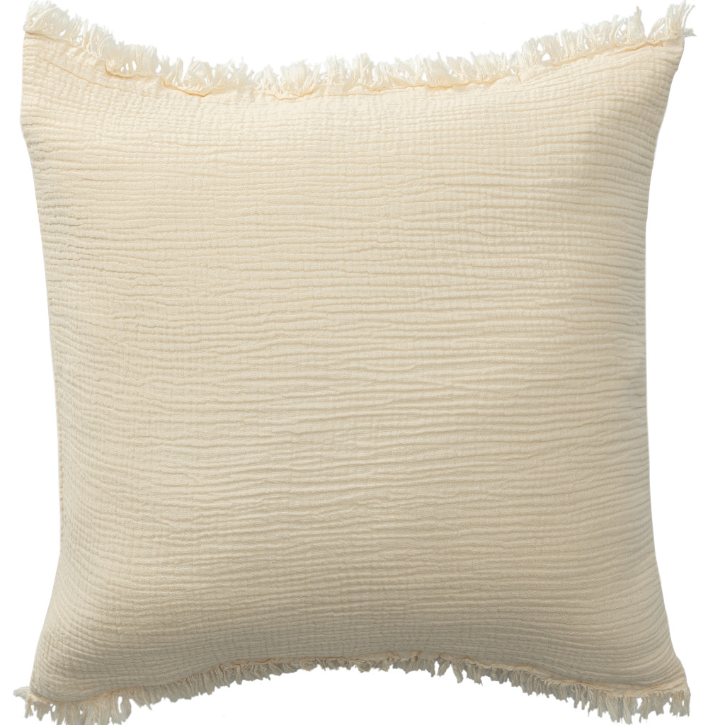 20" X 20" Cream Cotton Zippered Down Pillow With Fringe-535259-1