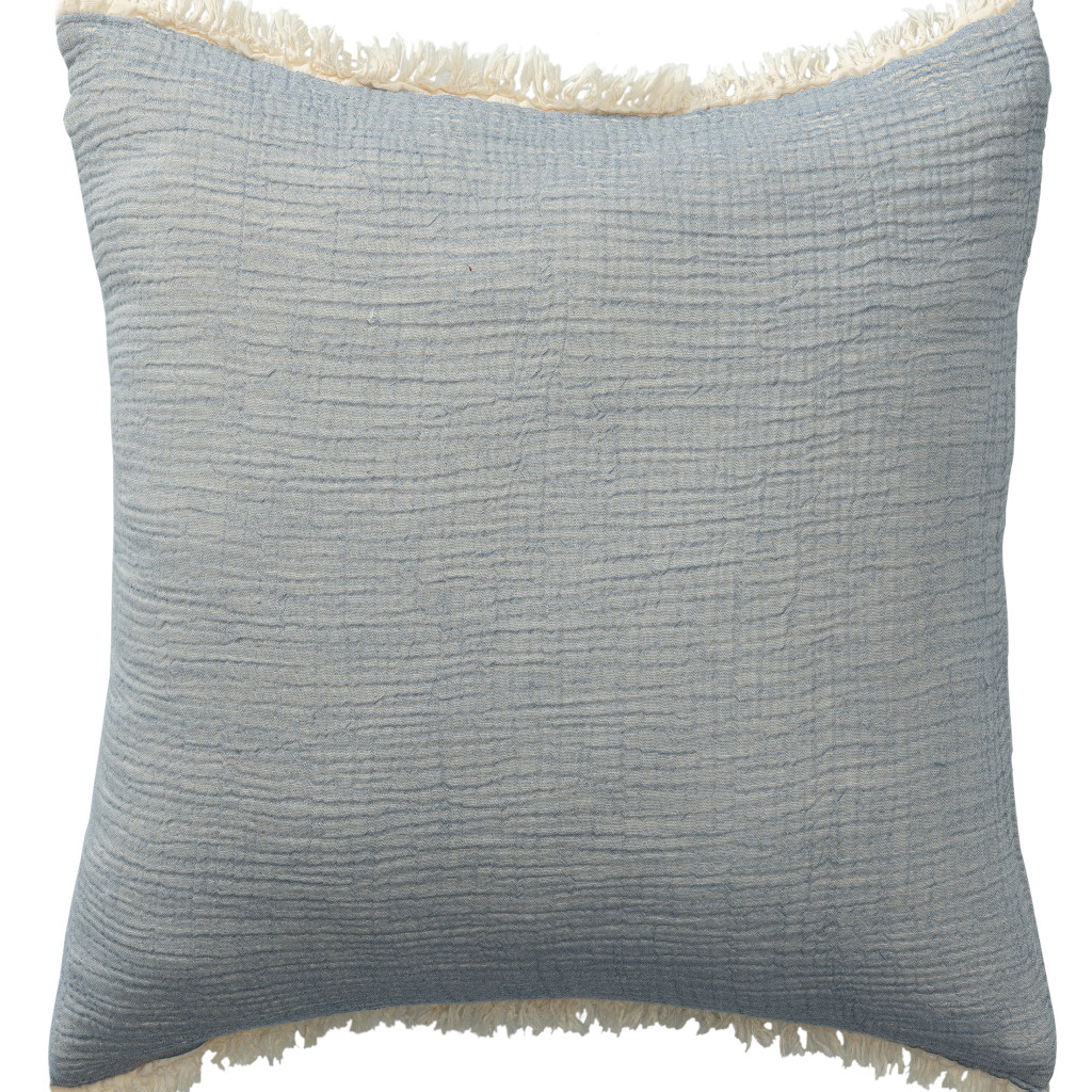 20" X 20" Blue Cotton Zippered Down Pillow With Fringe-535262-1