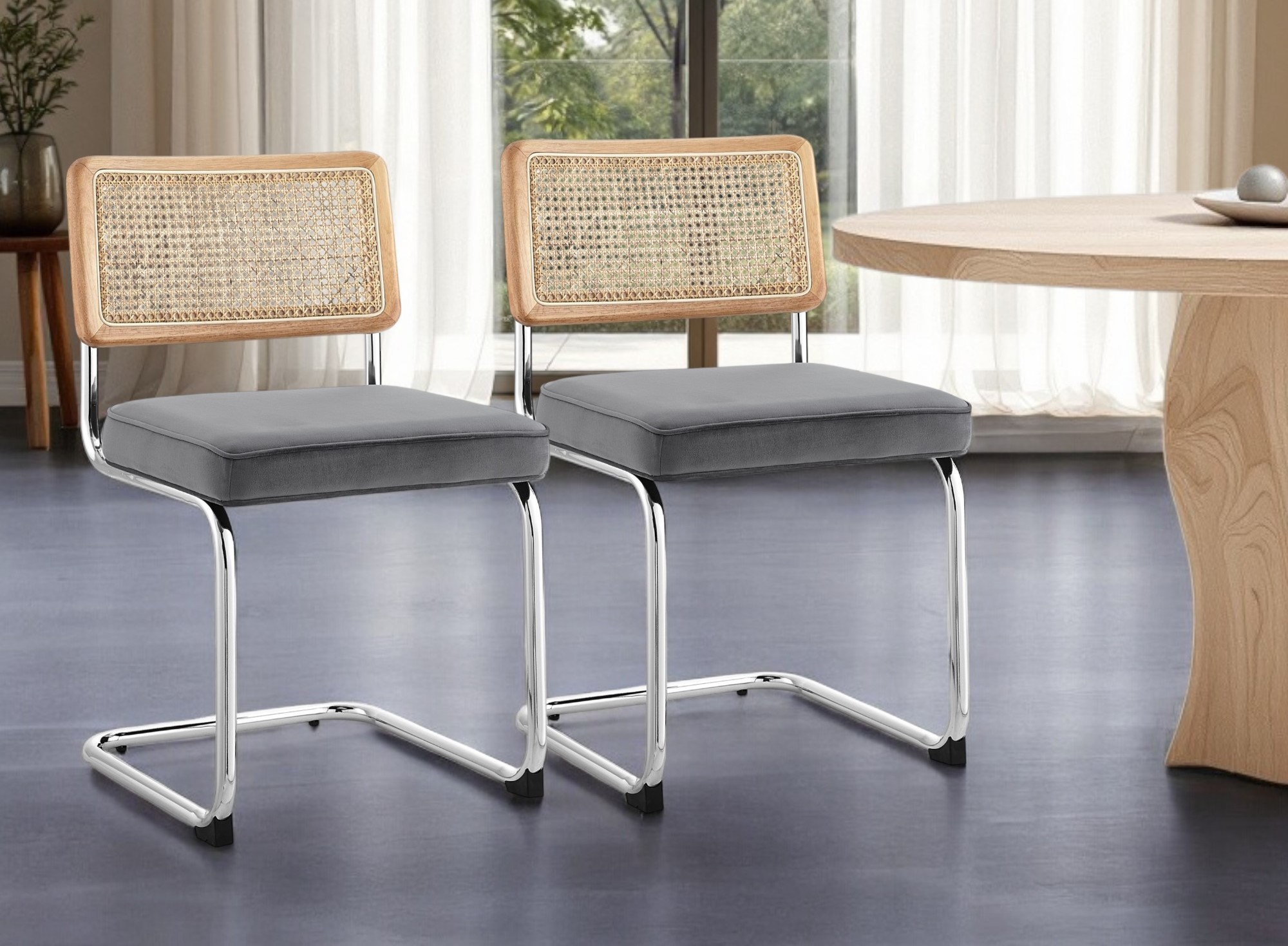 Set of Two Gray and Silver Upholstered Velvet Dining Side Chairs-535360-1