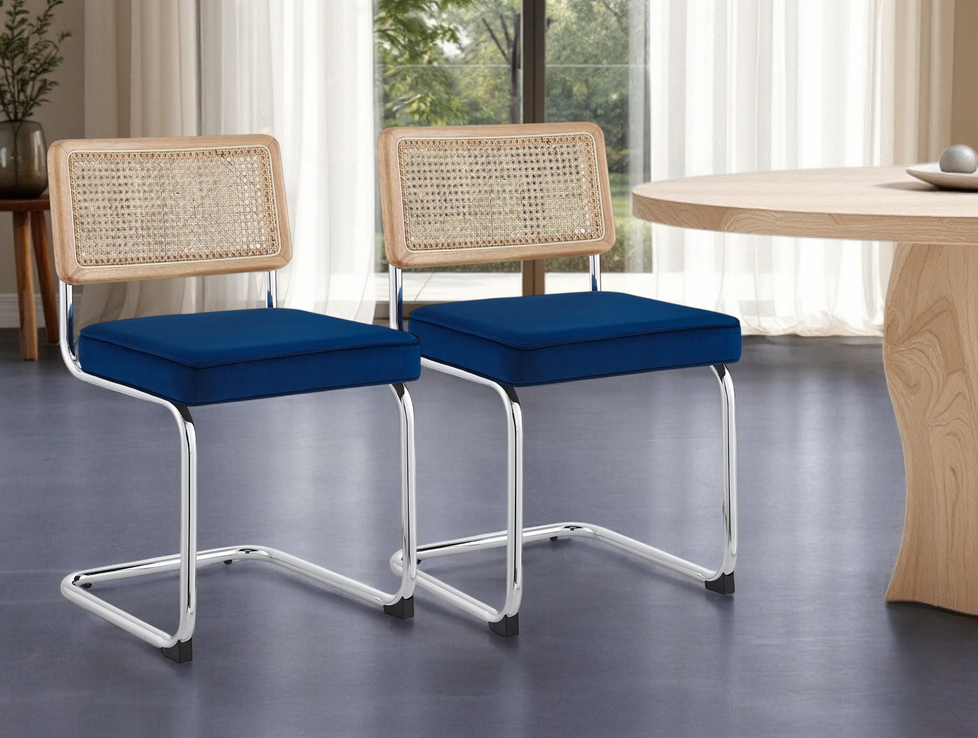 Set of Two Navy Blue and Silver Upholstered Velvet Dining Side Chairs-535361-1