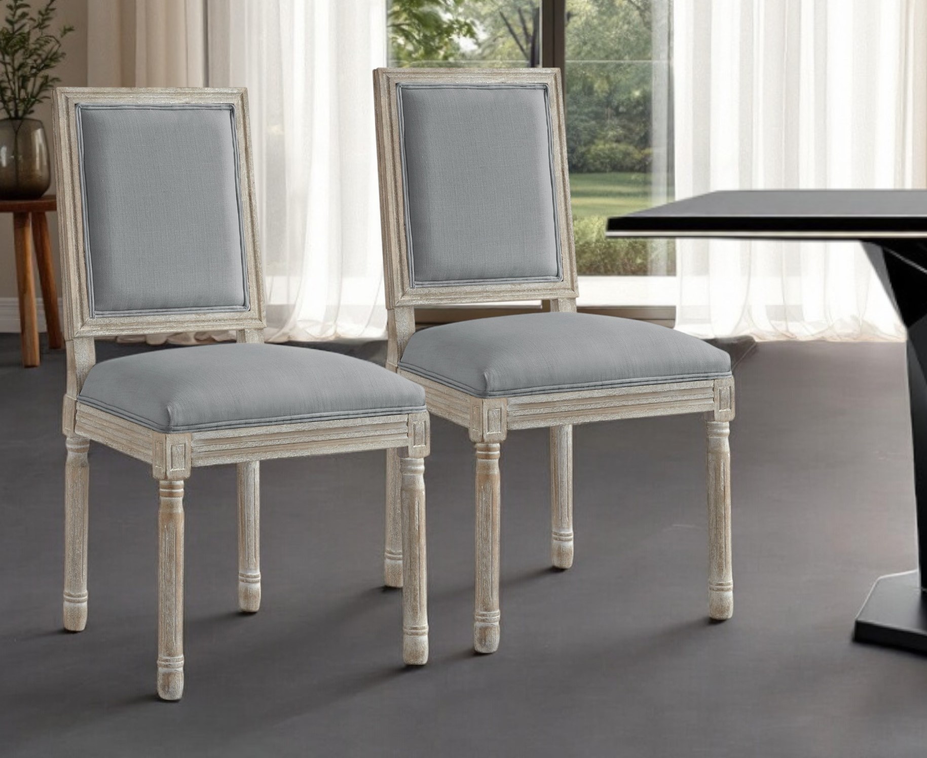 Set of Two Gray and Brown Upholstered Linen Dining Side Chairs-535364-1