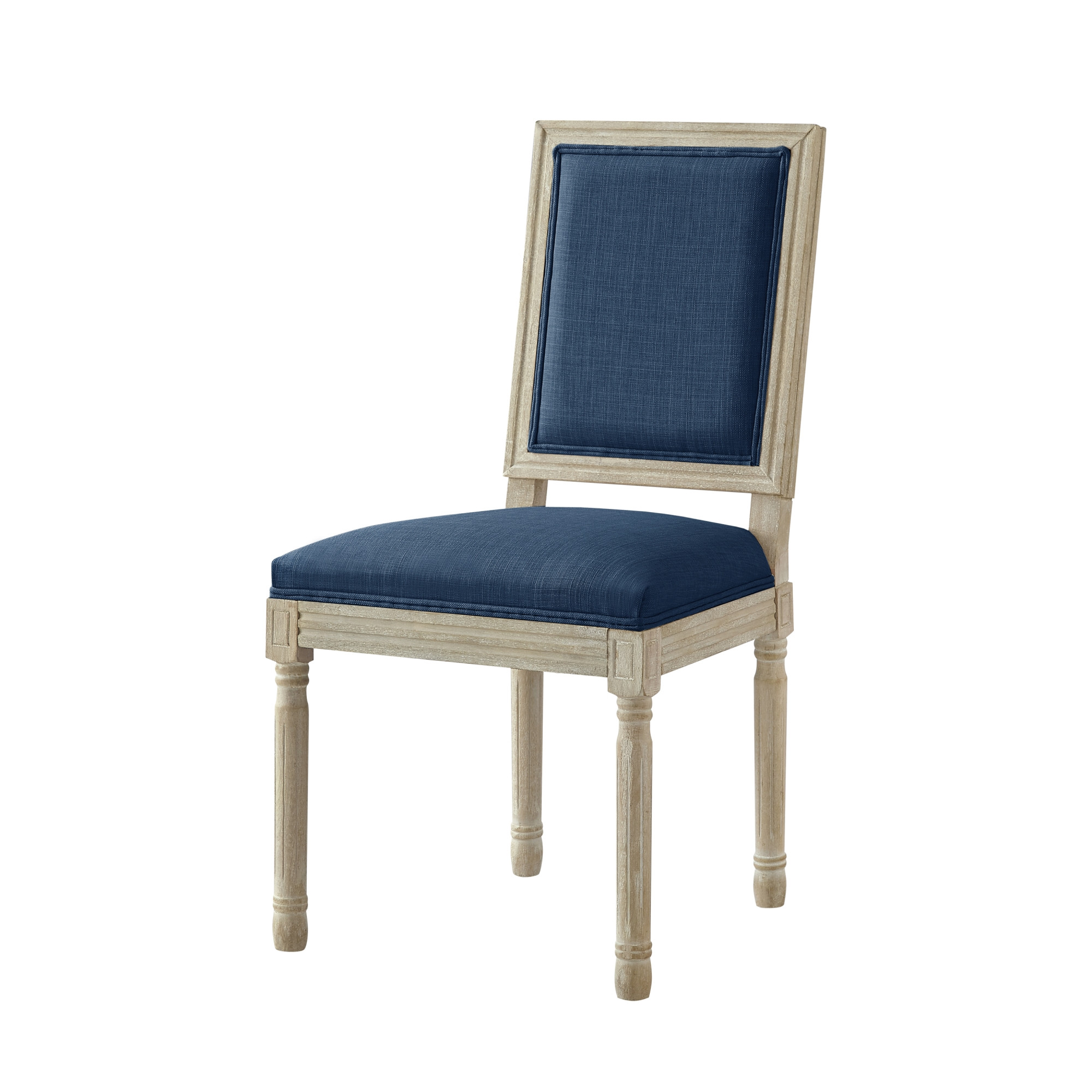 Set of Two Navy Blue and Brown Upholstered Linen Dining Side Chairs-535365-1