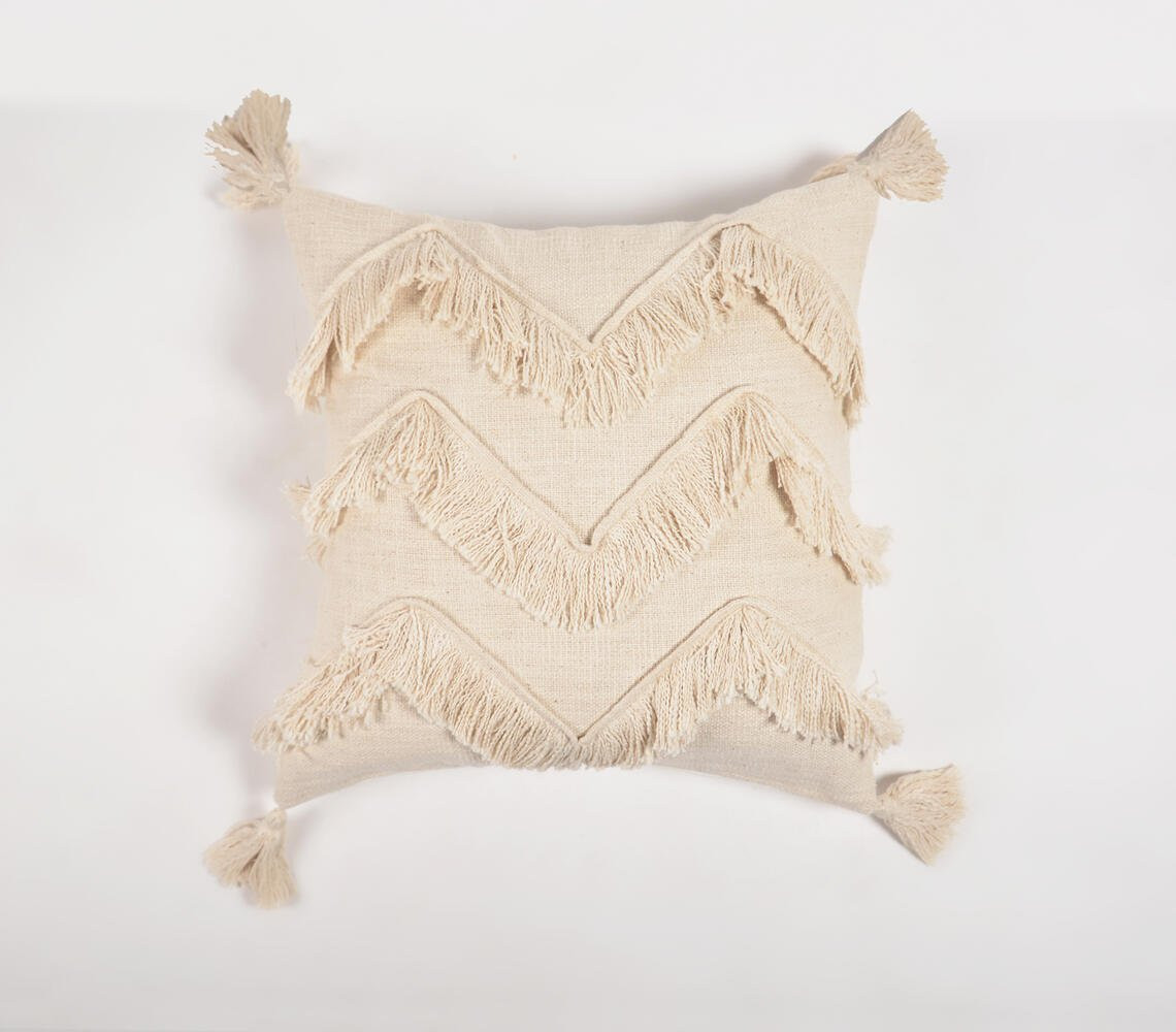 18" Off White Chevron Cotton Throw Pillow Cover With Fringe, Tassels