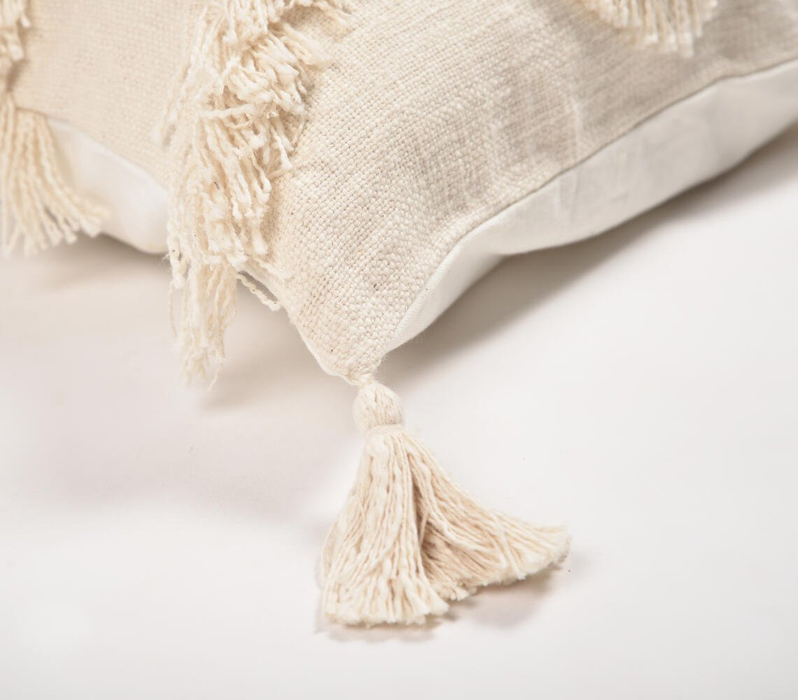 18" Off White Chevron Cotton Throw Pillow Cover With Fringe, Tassels