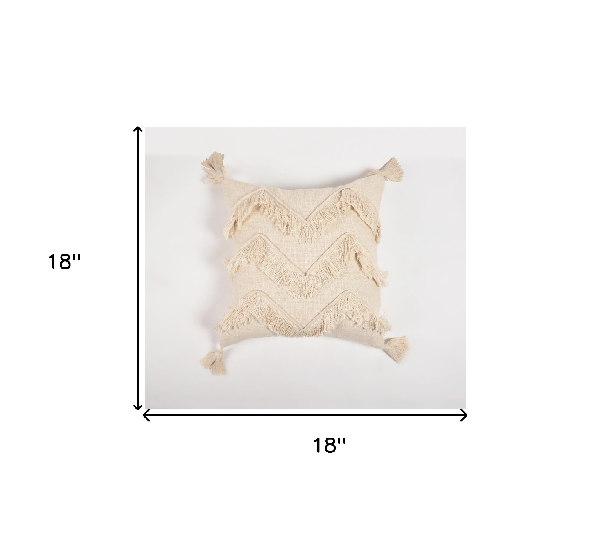 18" Off White Chevron Cotton Throw Pillow Cover With Fringe, Tassels