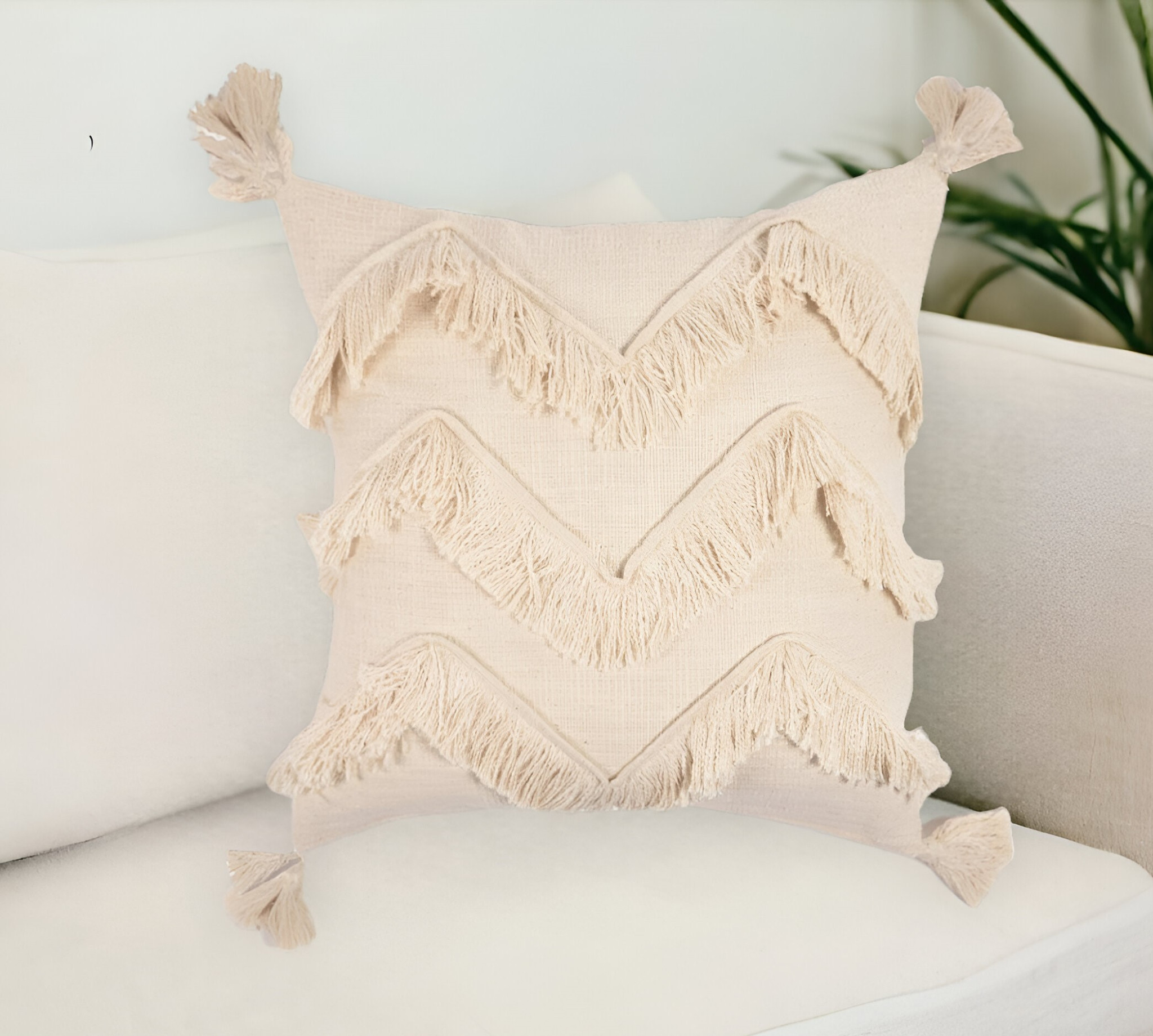 18" Off White Chevron Cotton Throw Pillow Cover With Fringe, Tassels
