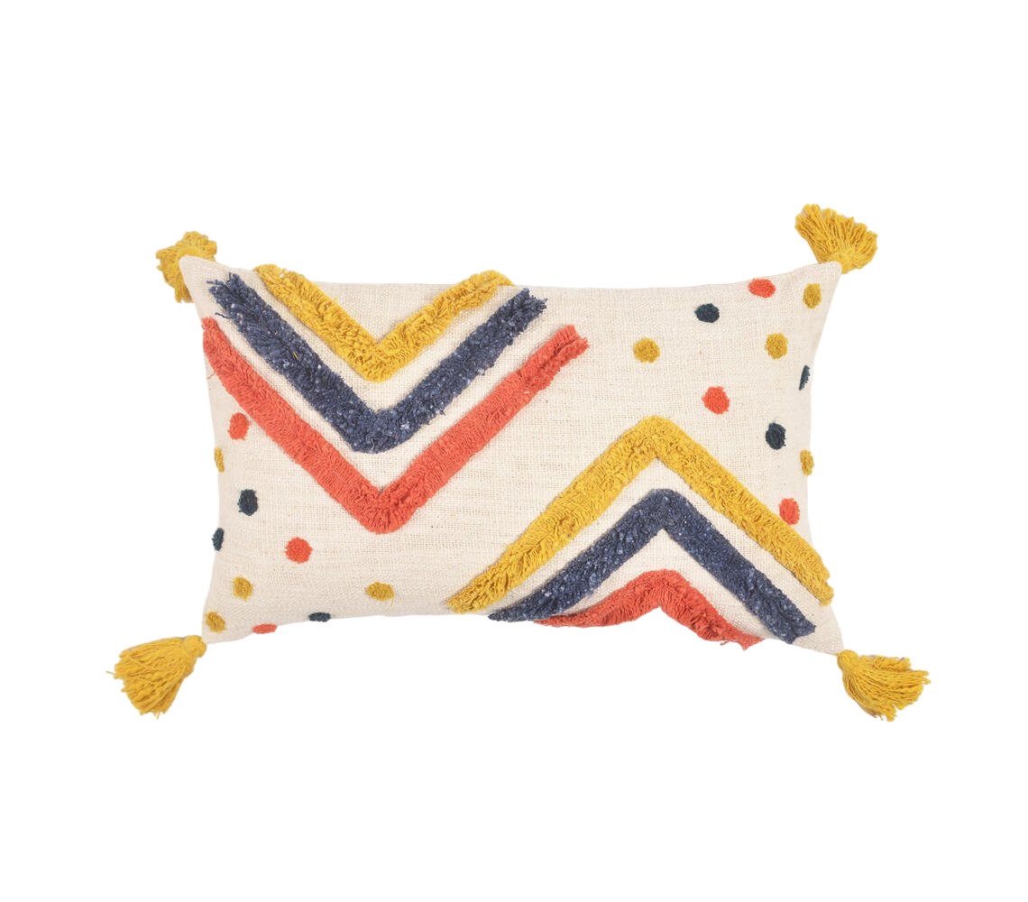 12" X 20" Blue and Off White Chevron Cotton Throw Pillow Cover With Tassels, Tufts
