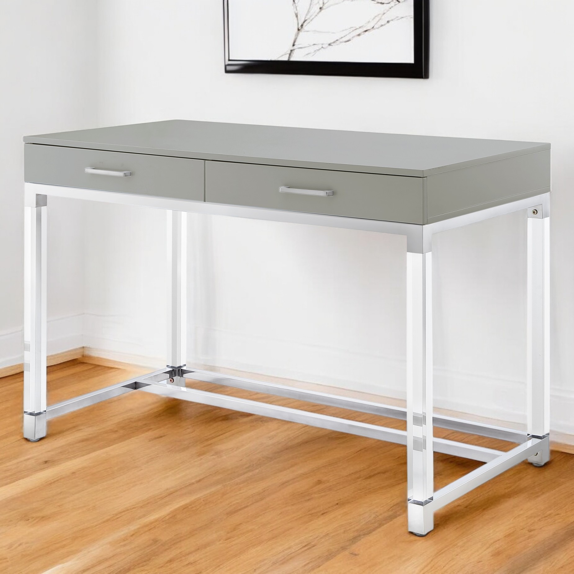 48" Light Gray Clear and Silver Wood Acrylic and Stainless Steel Writing Desk With Two Drawers-543749-1