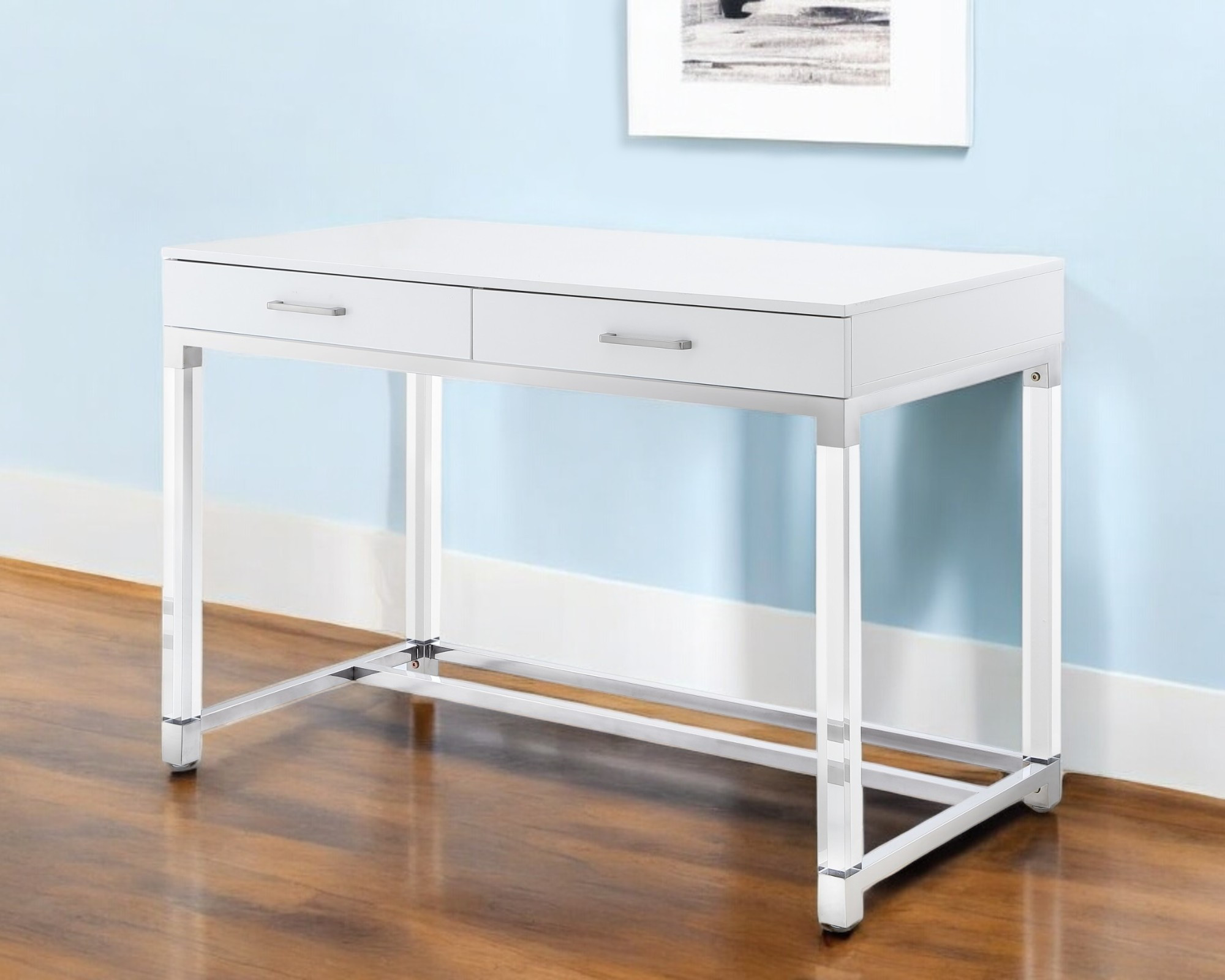 48" White Clear and Silver Wood Acrylic and Stainless Steel Writing Desk With Two Drawers-543750-1