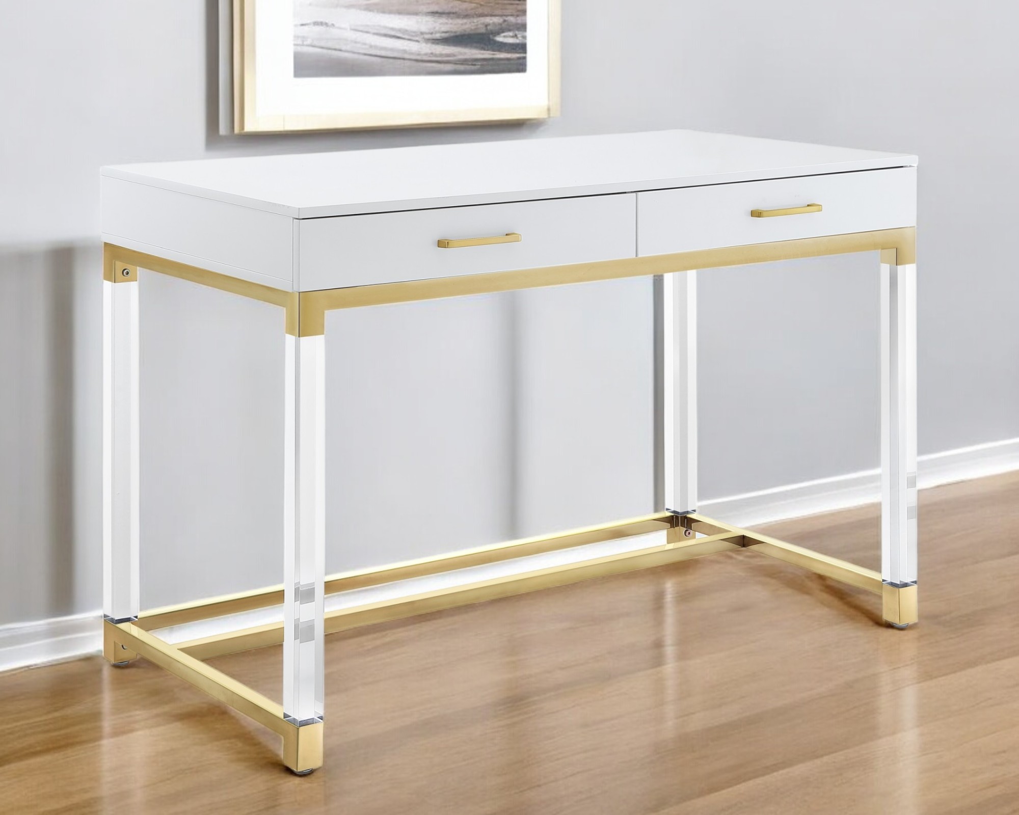 48" White Clear and Gold Wood Acrylic and Stainless Steel Writing Desk With Two Drawers-543751-1