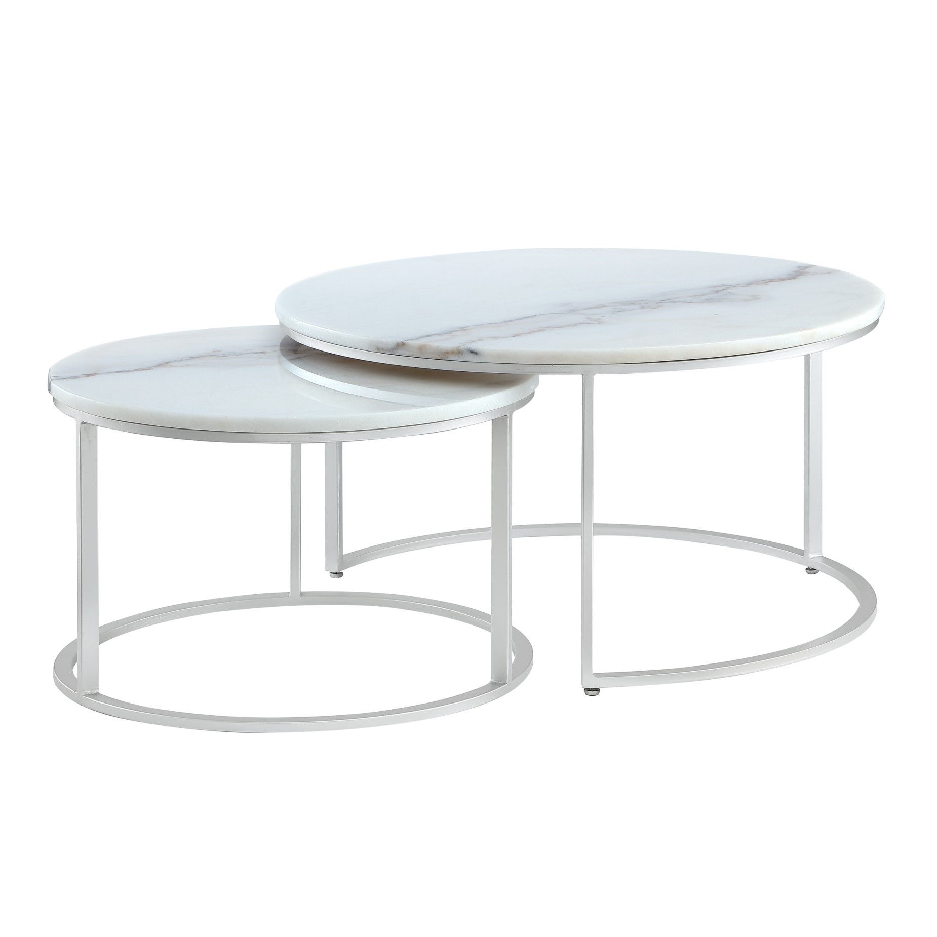 Set of Two 31" White And Silver Genuine Marble And Iron Round Nested Coffee Tables-543850-1