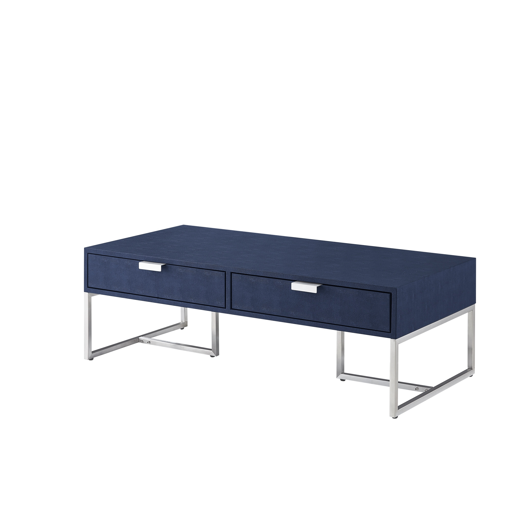 46" Navy Blue And Silver Metallic Stainless Steel Coffee Table With Two Drawers-543873-1