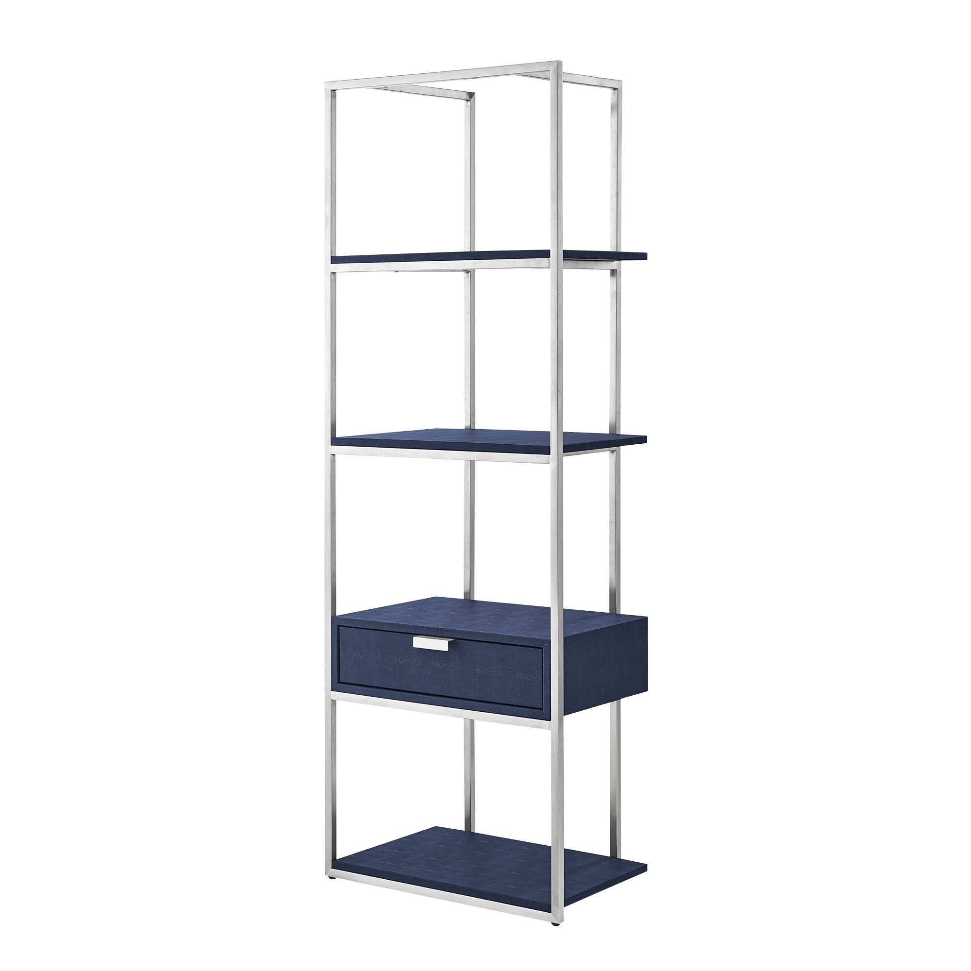 68" Navy Blue Stainless Steel Four Tier Etagere Bookcase with a drawer-544739-1
