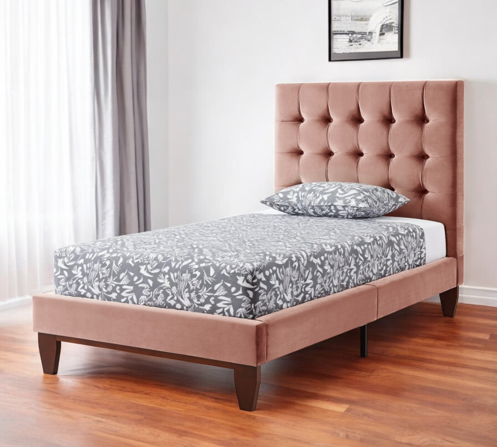 Blush Solid Wood Twin Tufted Upholstered Velvet Bed-544752-1