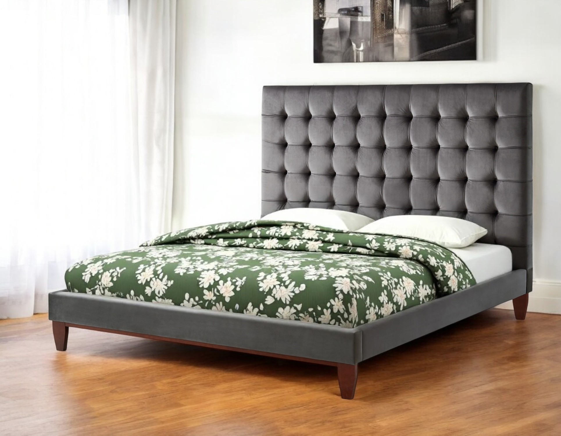 Gray Solid Wood King Tufted Upholstered Velvet Bed-544753-1
