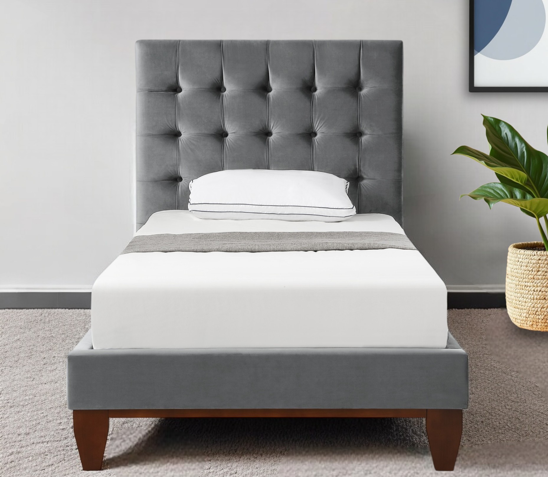 Gray Solid Wood Twin Tufted Upholstered Velvet Bed-544755-1