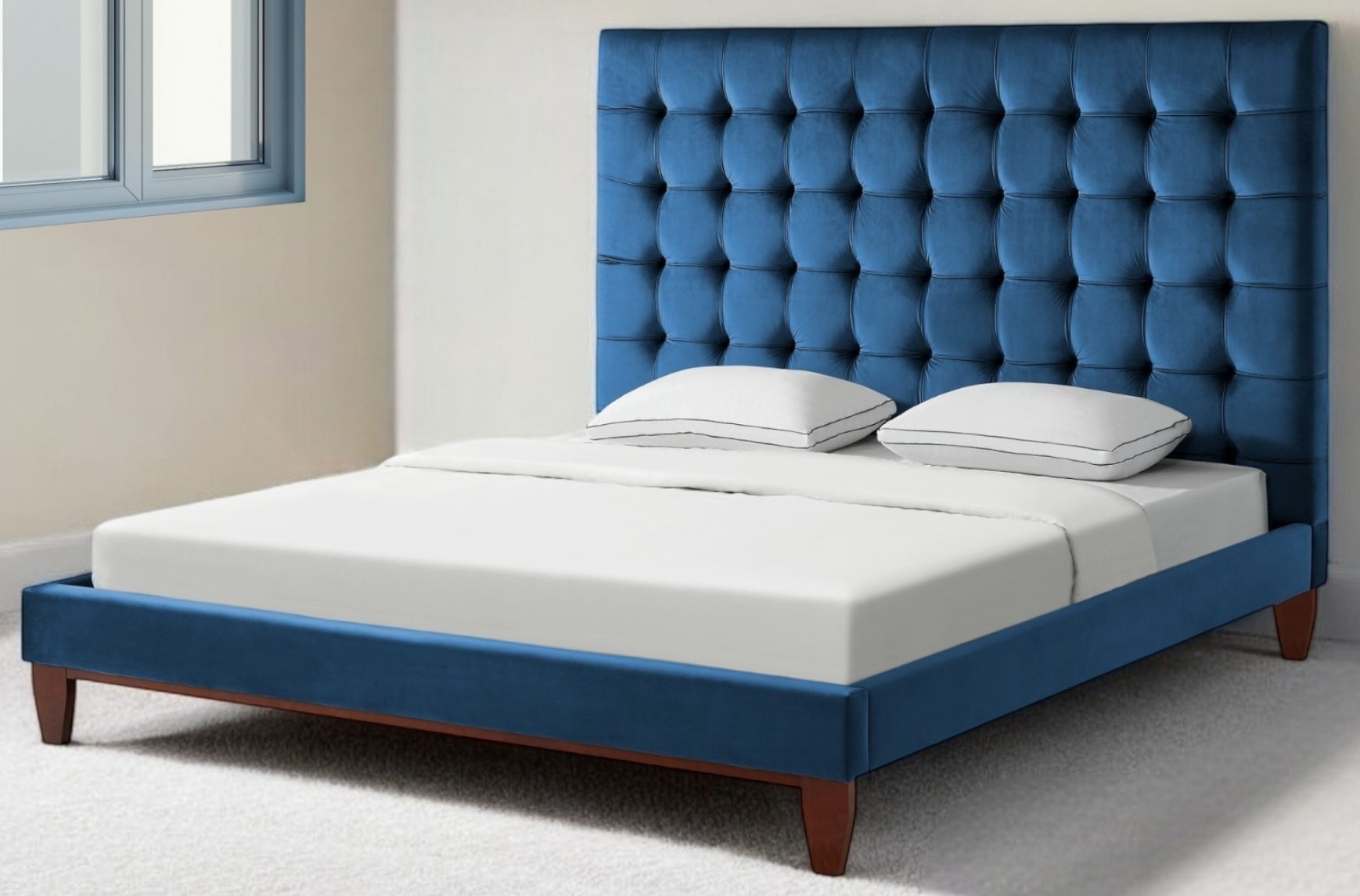 Navy Blue Solid Wood King Tufted Upholstered Velvet Bed-544756-1