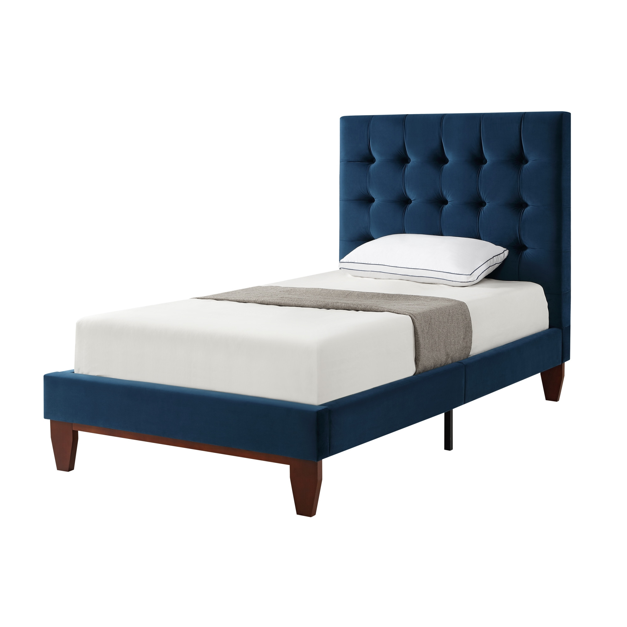 Navy Blue Solid Wood Twin Tufted Upholstered Velvet Bed-544758-1
