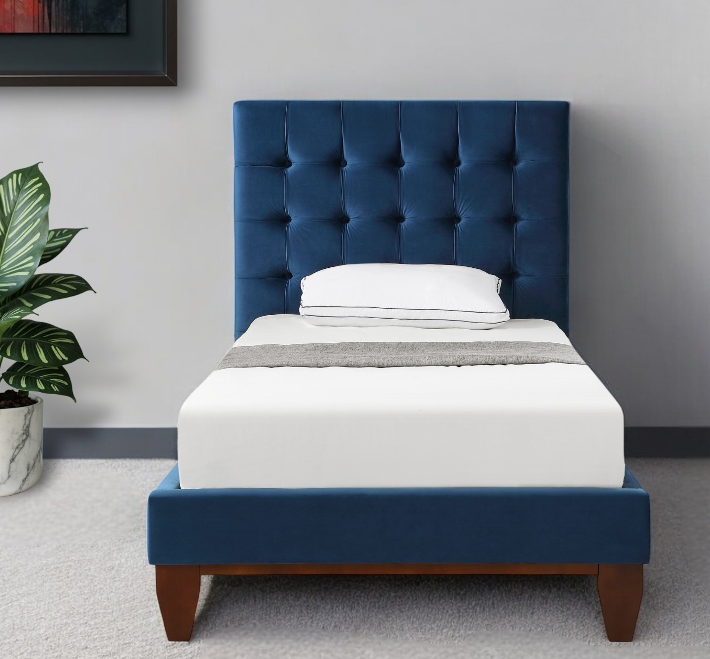 Navy Blue Solid Wood Twin Tufted Upholstered Velvet Bed-544758-1