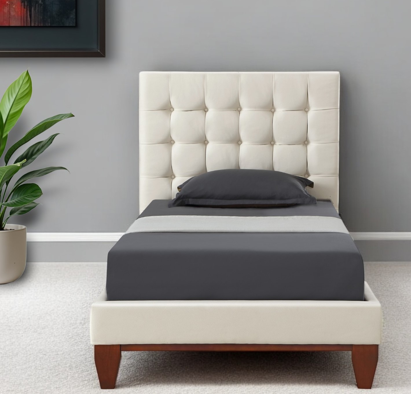 Beige Solid Wood Twin Tufted Upholstered Linen Bed Frame-544761-1