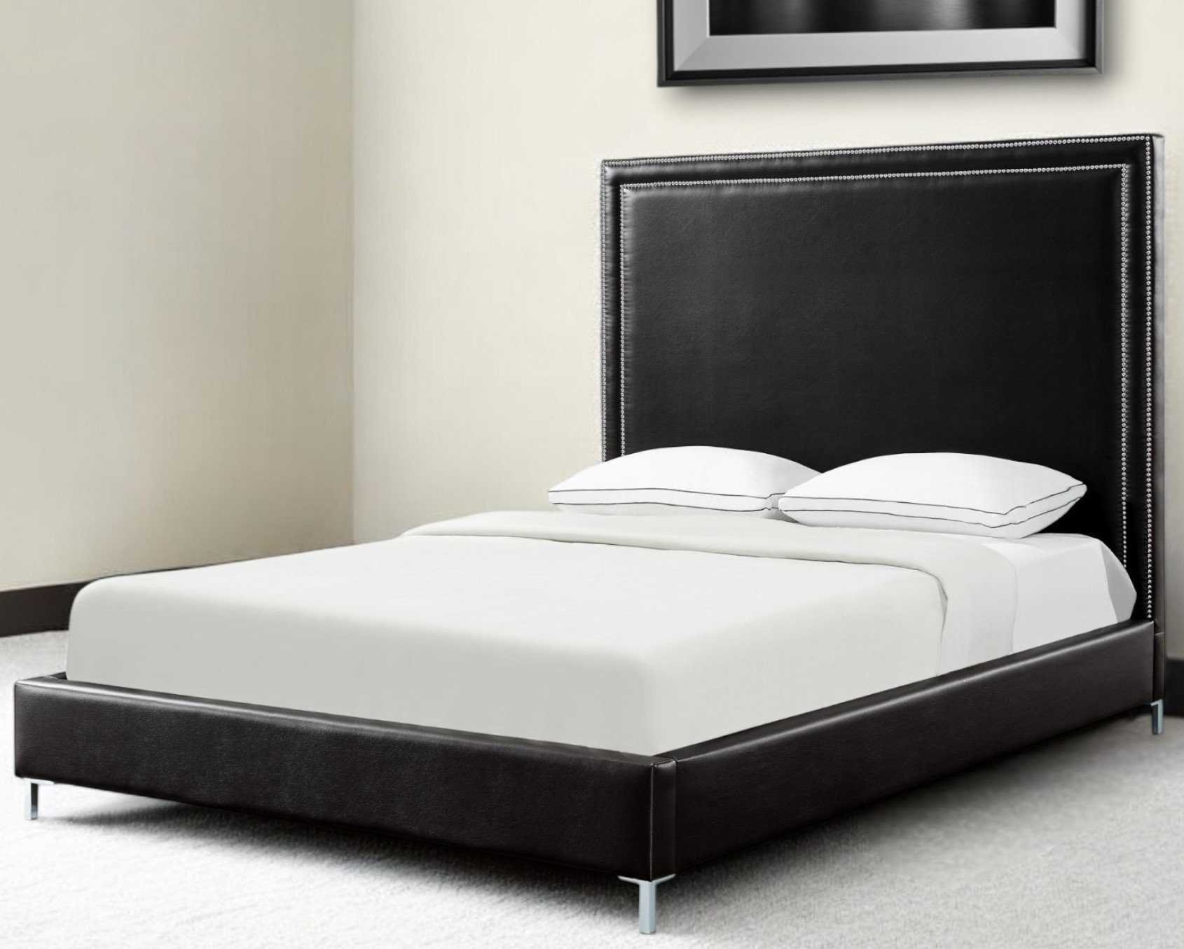 Black Solid Wood Queen Upholstered Faux Leather Bed with Nailhead Trim-544780-1