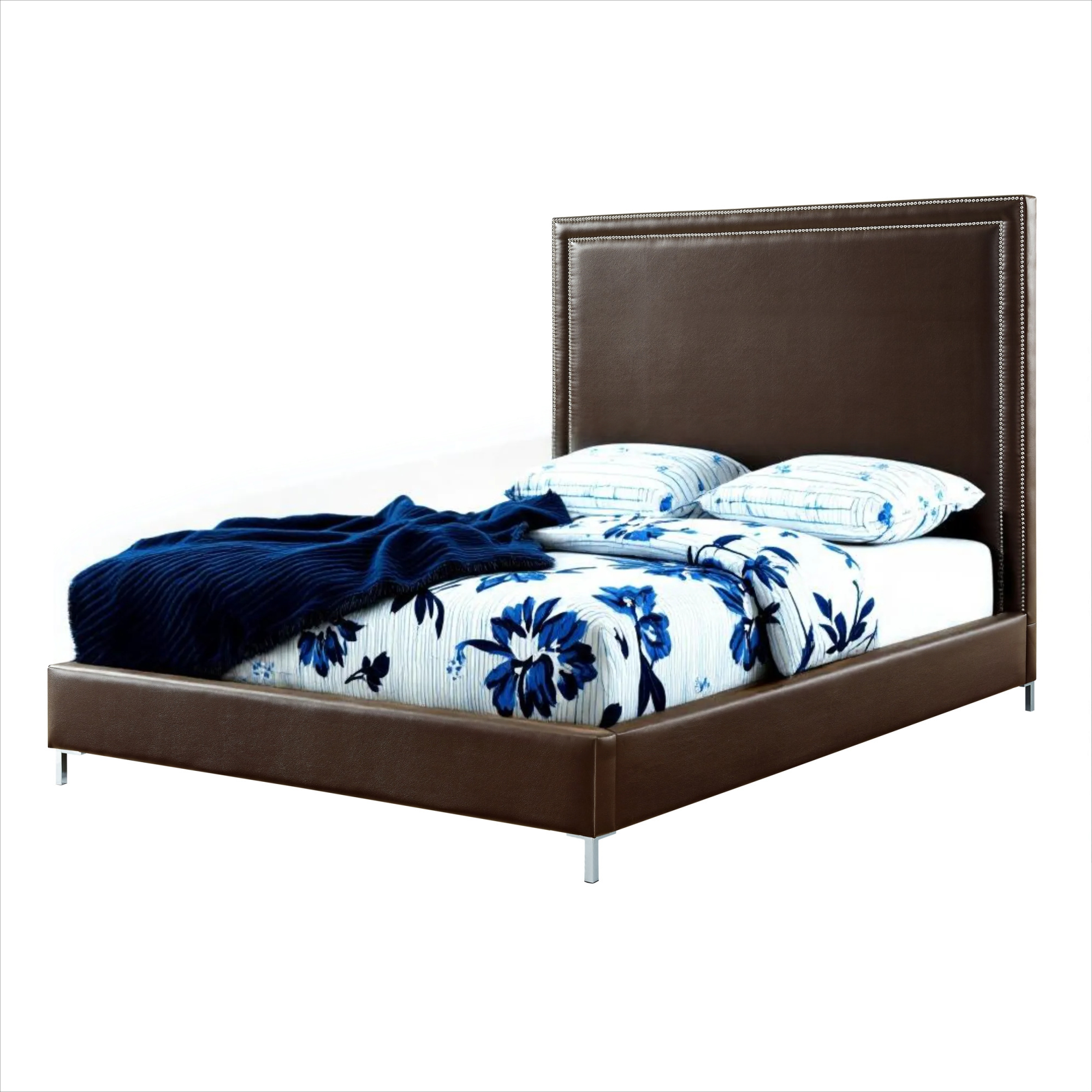Espresso Solid Wood King Upholstered Faux Leather Bed with Nailhead Trim-544781-1