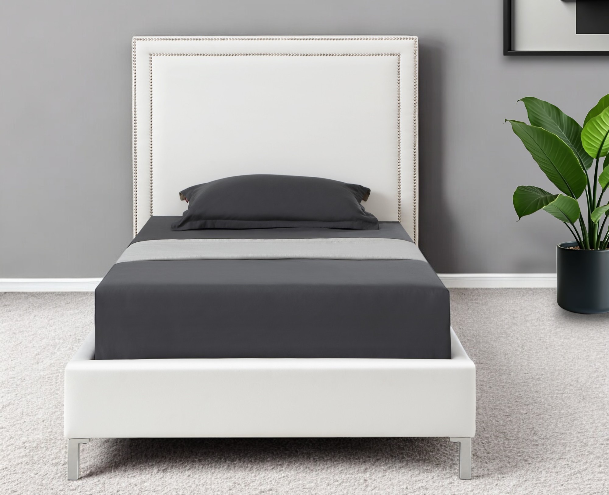 White Solid Wood Twin Upholstered Faux Leather Bed Frame with Nailhead Trim-544785-1