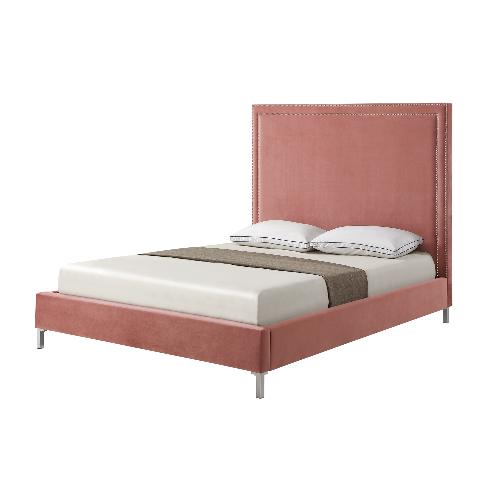 Blush Solid Wood Queen Upholstered Velvet Bed with Nailhead Trim-544786-1
